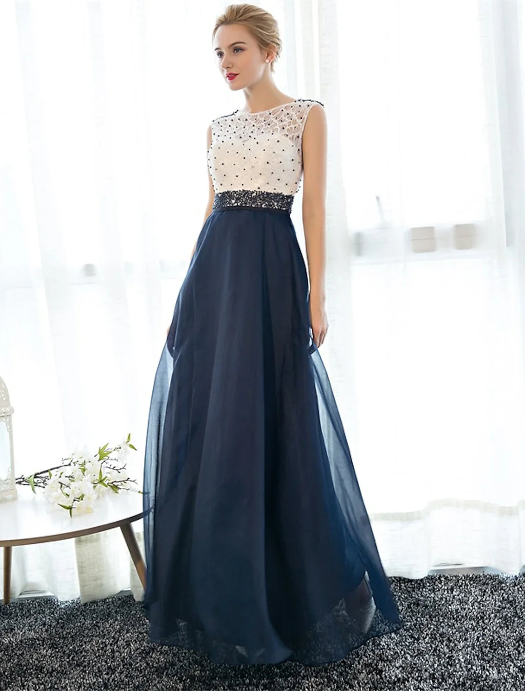A-Line Illusion Tulle Sleeveless Beaded Floor-Length Evening Dress - Chloe Dress