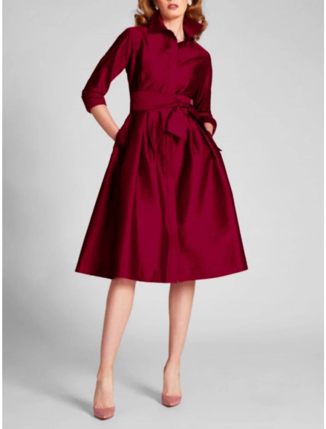 A-Line Satin Three-Quarter Sleeve High Slit Mini Cocktail Dress - Chloe Dress