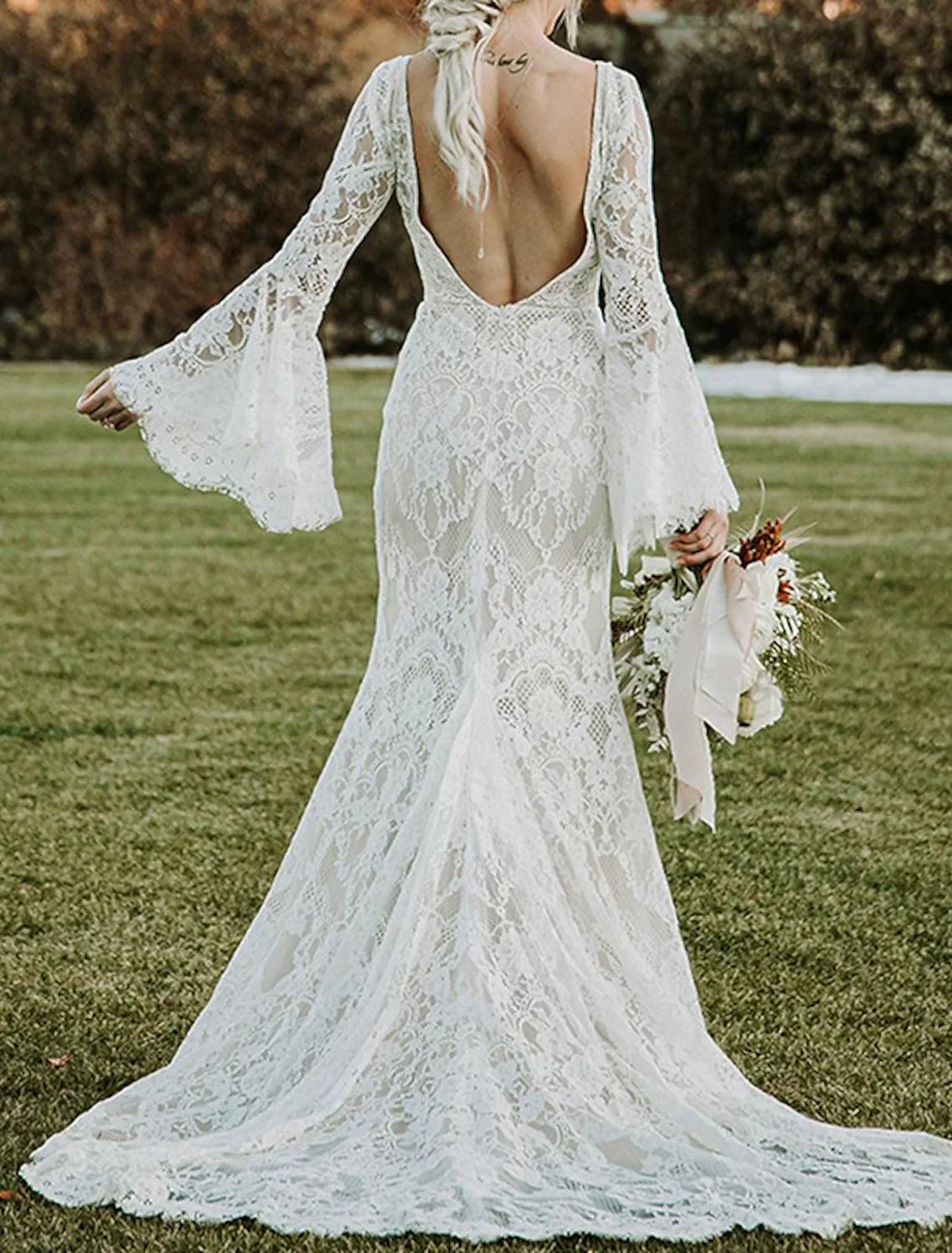 Mermaid V-Neck Lace Long Sleeve Open Back Train Wedding Gown - Chloe Dress