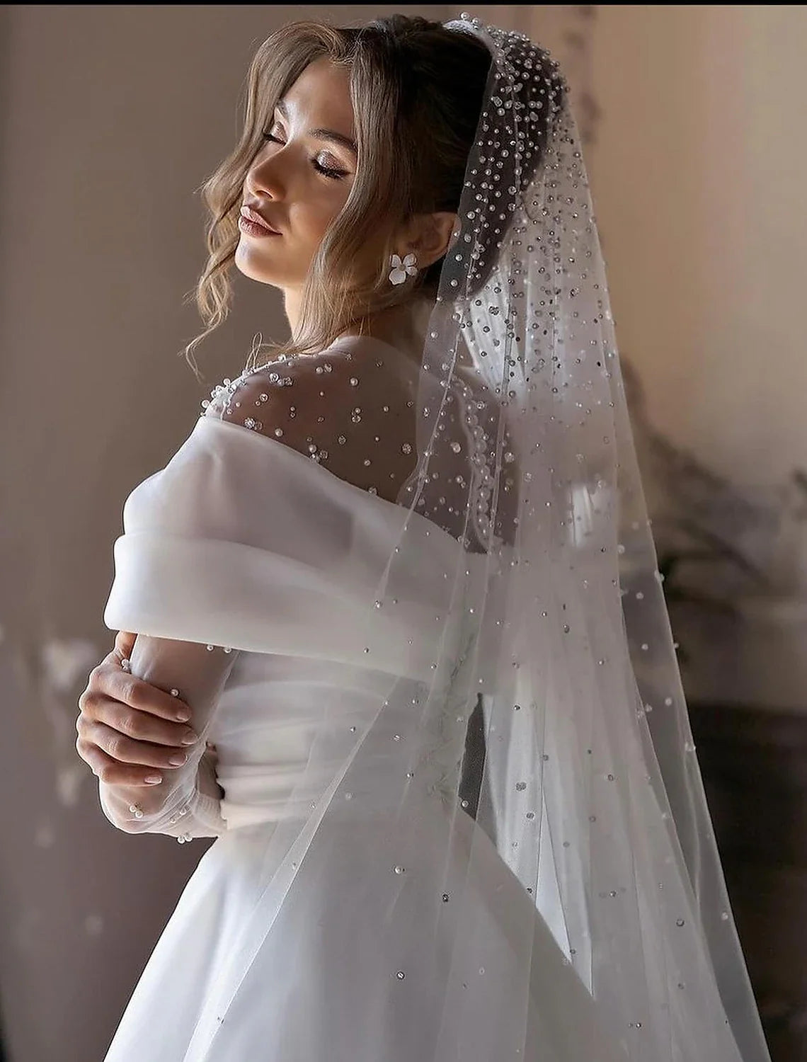 A-Line V-Neck Chiffon Long Sleeve Pleated Wedding Gown - Chloe Dress