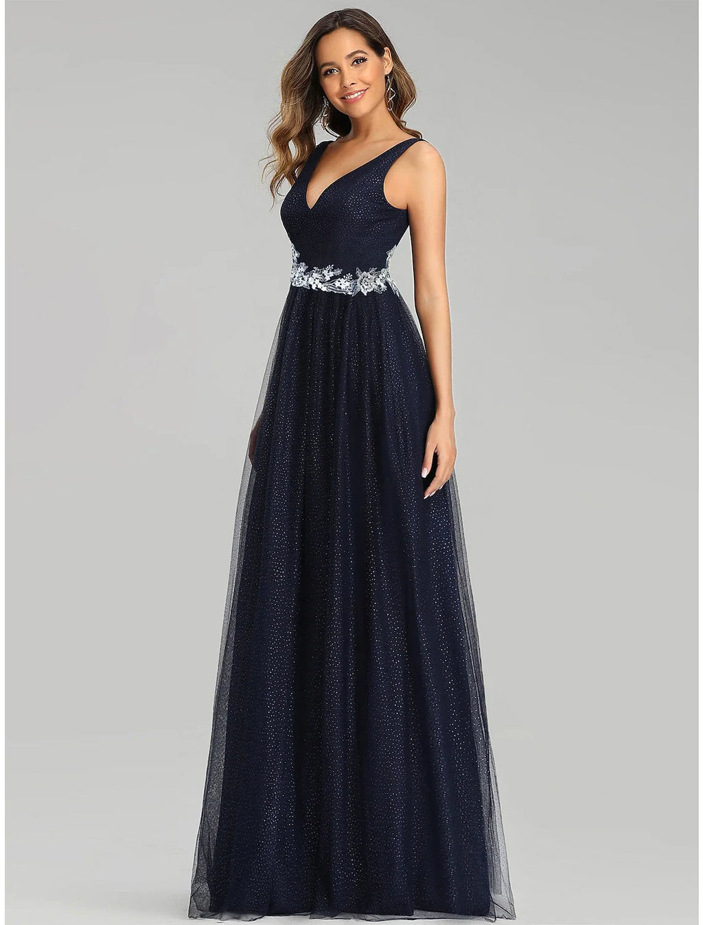 A-Line V-Neck Tulle Sleeveless Applique Floor-Length Prom Dress - Chloe Dress