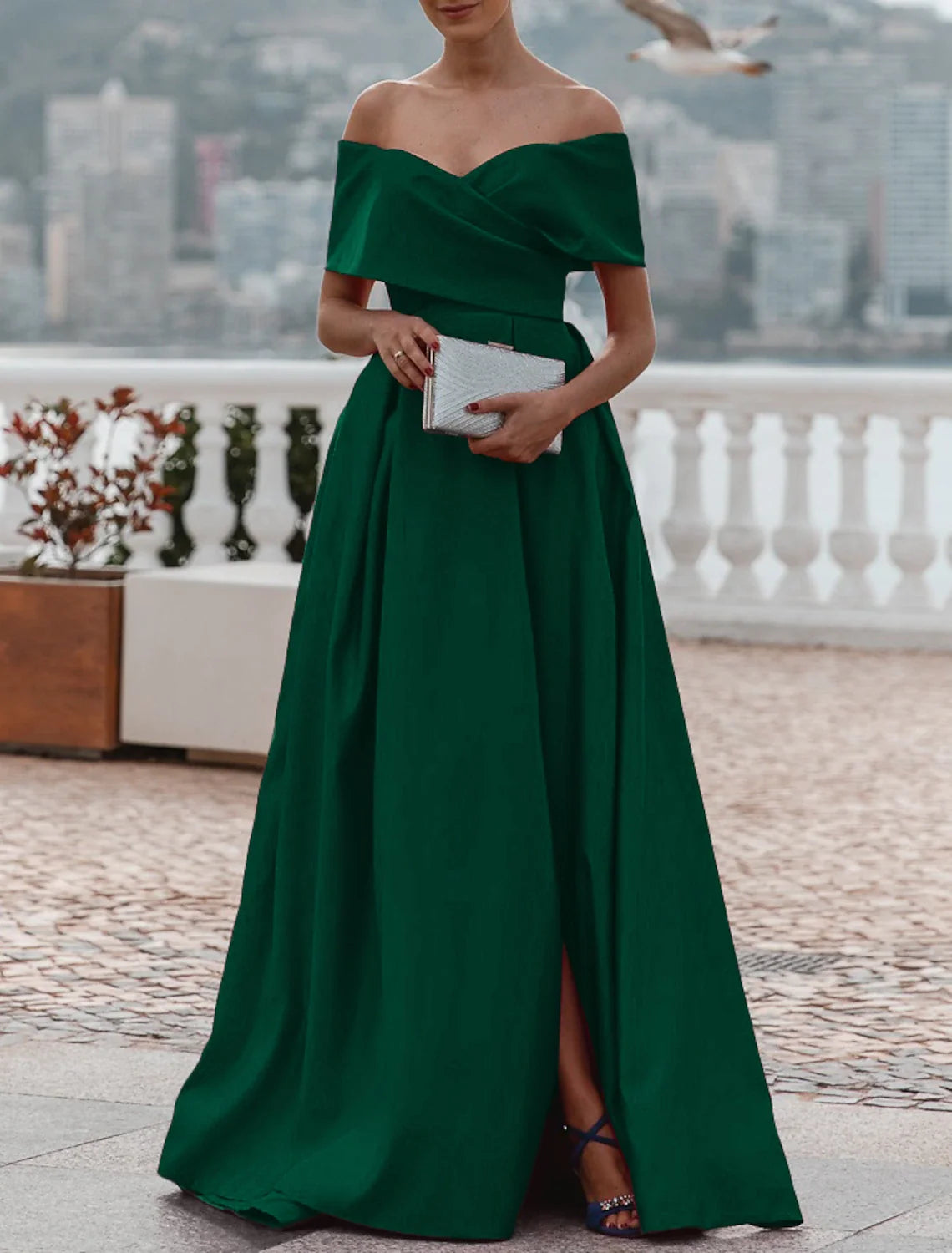 Green A-Line Off-Shoulder Satin Sleeveless High Slit Evening Gown - Chloe Dress