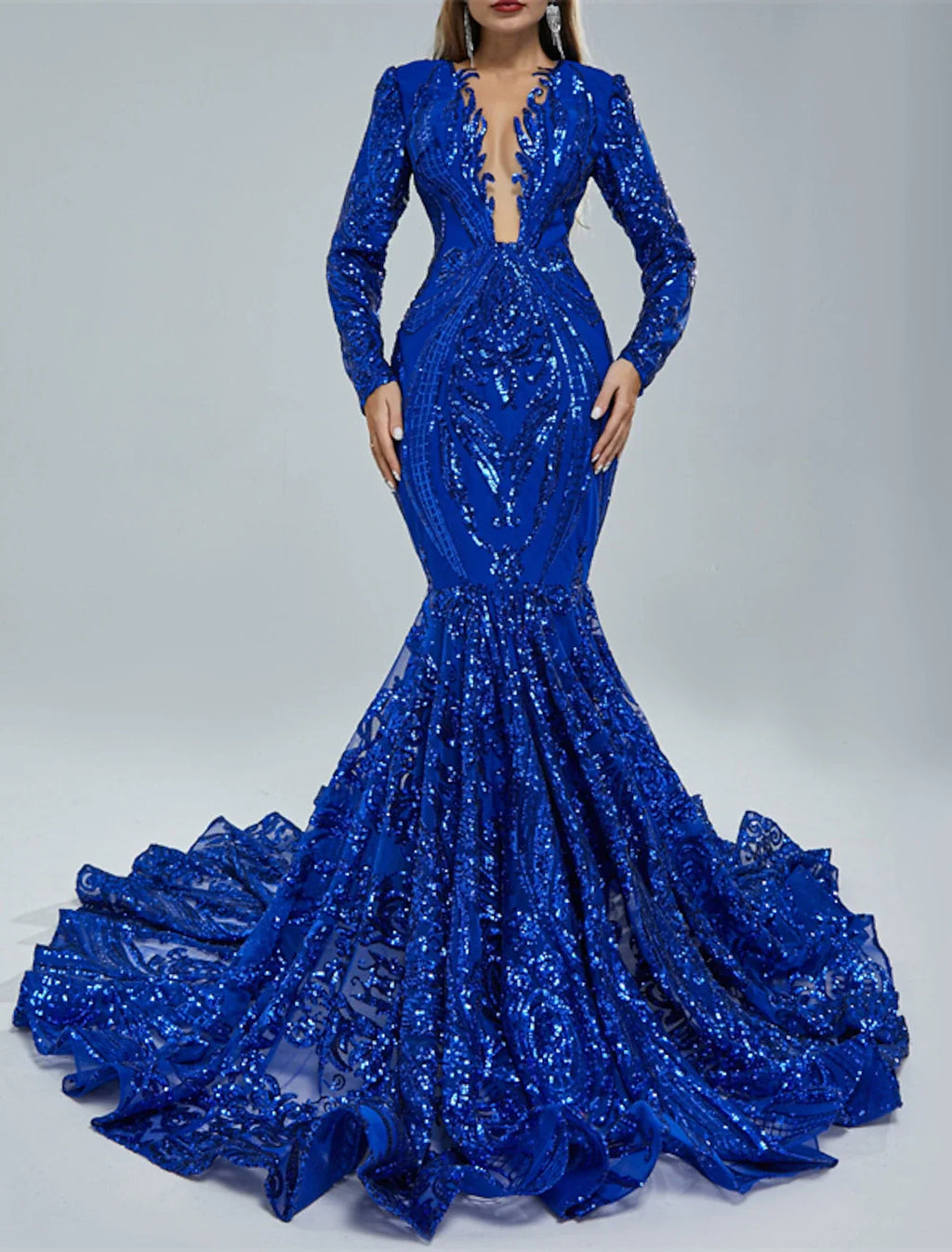 Mermaid V-Neck Sequin Long Sleeve Train Evening Gown - Chloe Dress