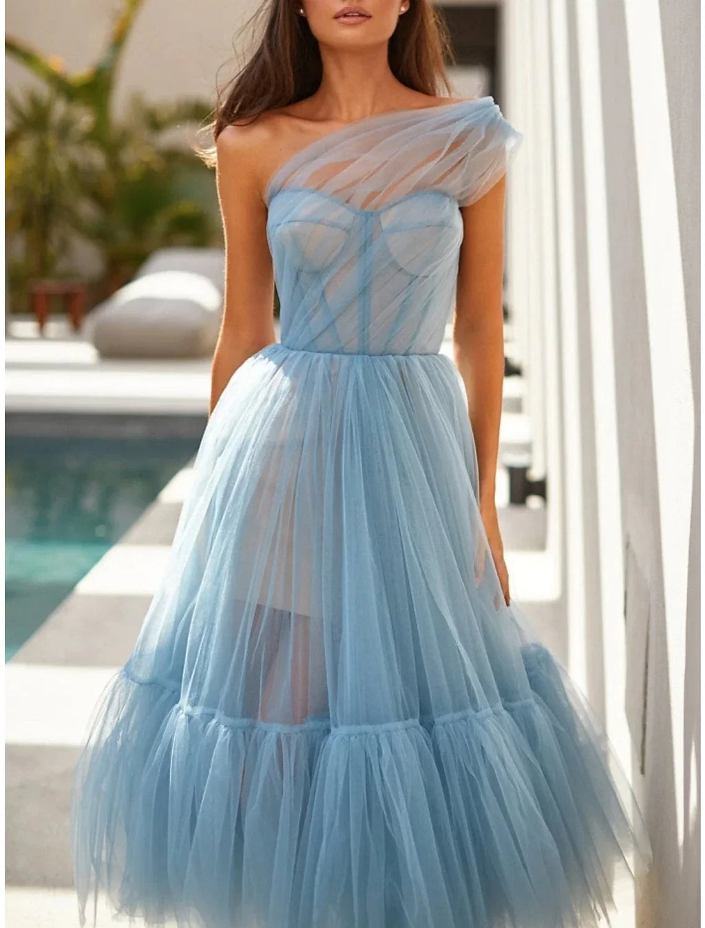 A-Line One-Shoulder Tulle Sleeveless Pleated Tea-Length Prom Dress - Chloe Dress