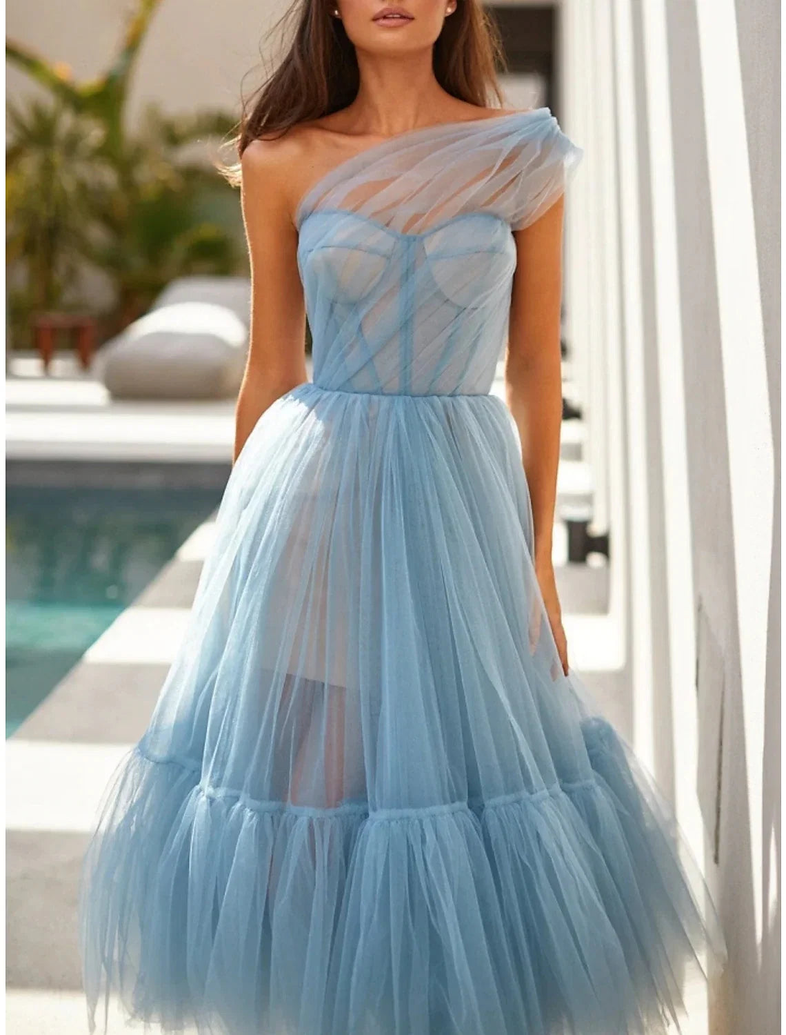A-Line One-Shoulder Tulle Sleeveless Pleated Tea-Length Prom Dress - Chloe Dress