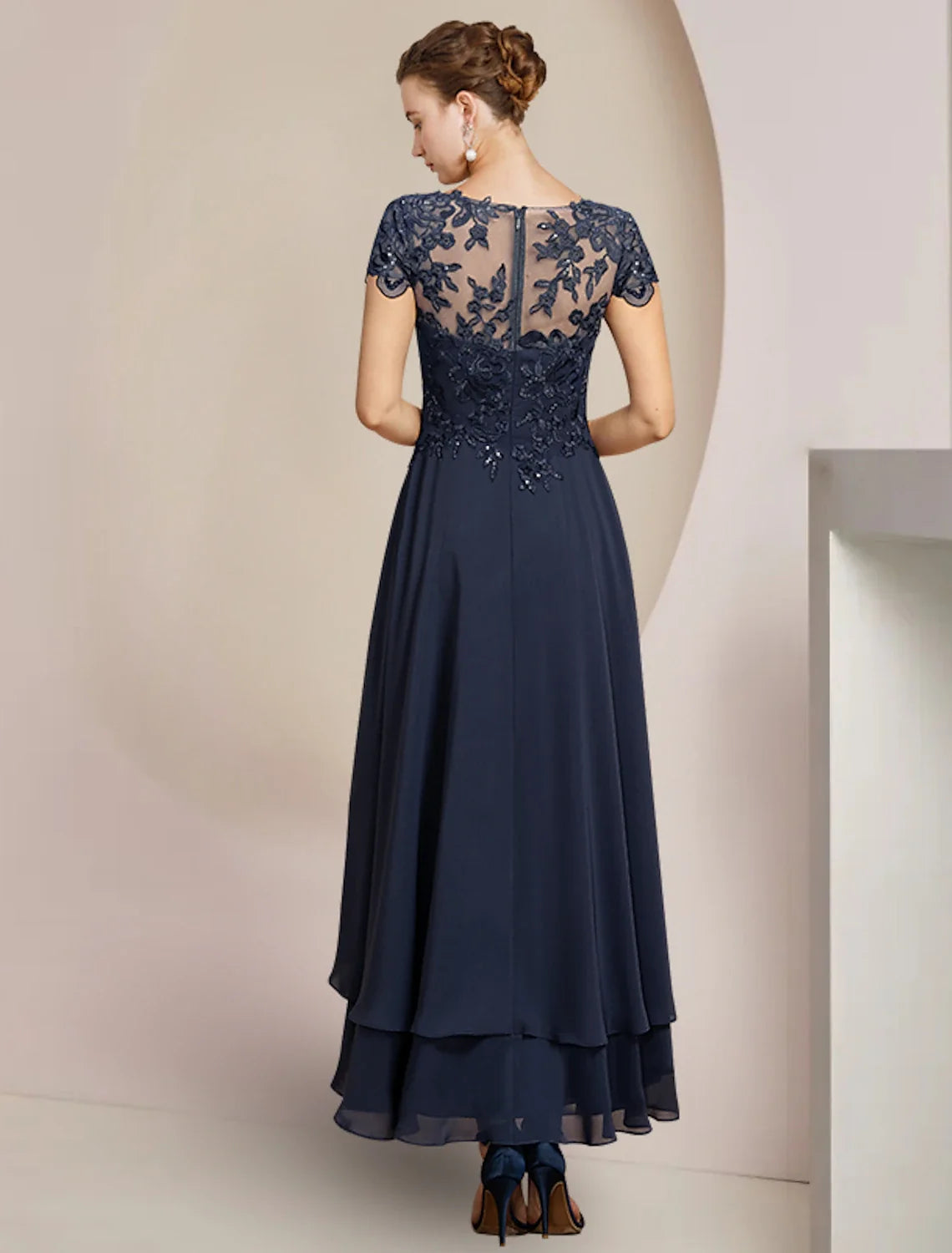 A-Line High Neck Chiffon Short Sleeve Asymmetric Mini Wedding Dress - Chloe Dress