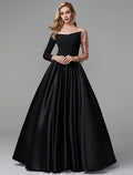 Black Ball Gown Off-Shoulder Satin Long Sleeve Floor-Length Evening Gown - Chloe Dress
