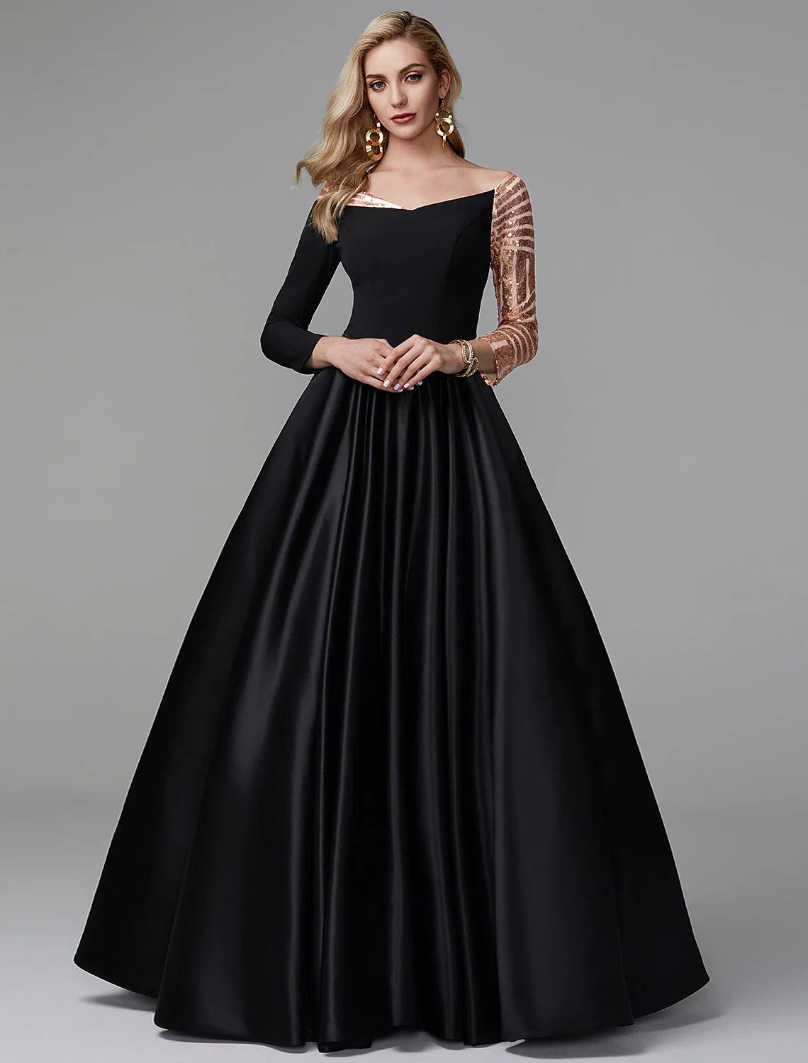 Black Ball Gown Off-Shoulder Satin Long Sleeve Floor-Length Evening Gown - Chloe Dress