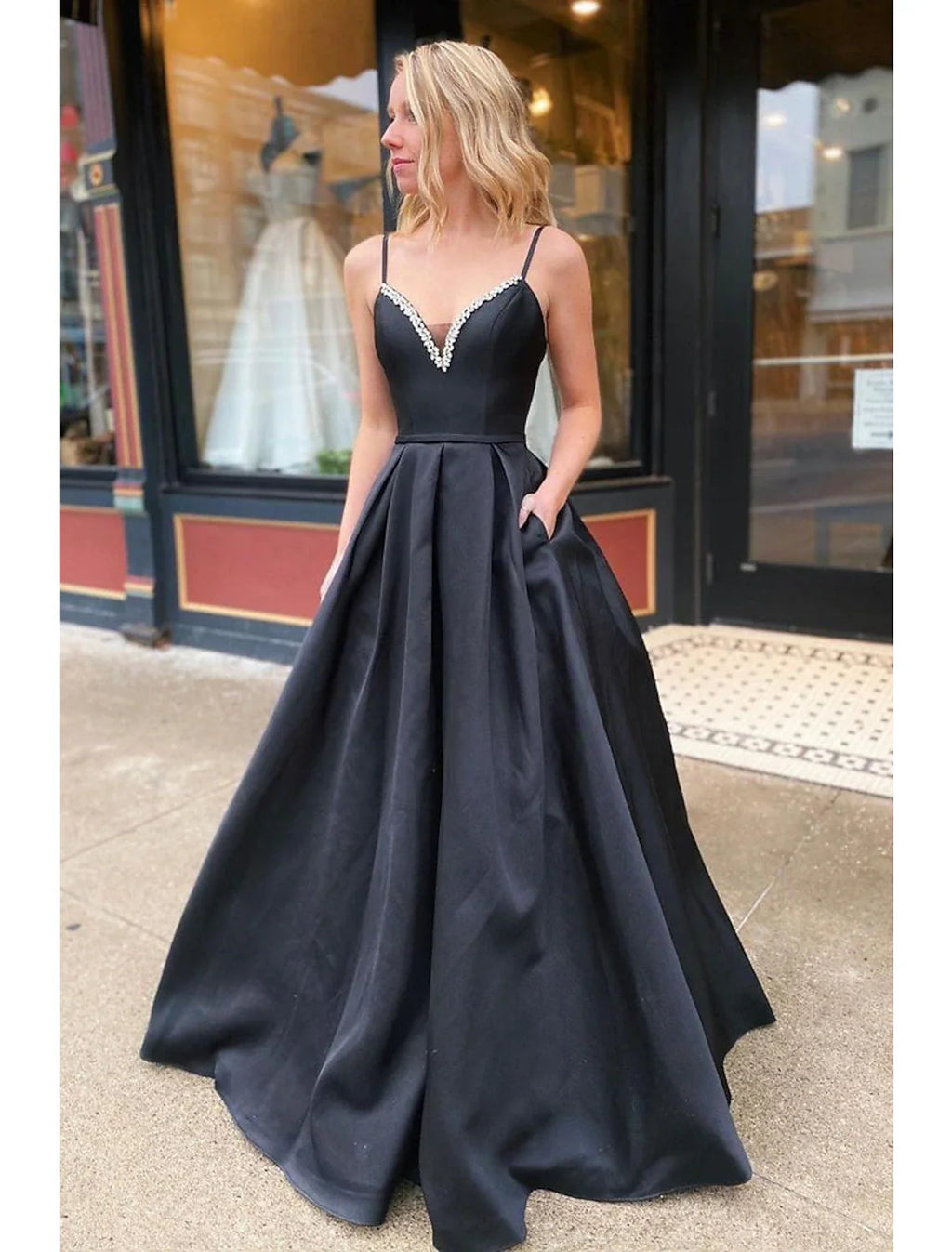 A-Line V-Neck Satin Sleeveless Open Back Pleated Floor-Length Prom Dress - Chloe Dress