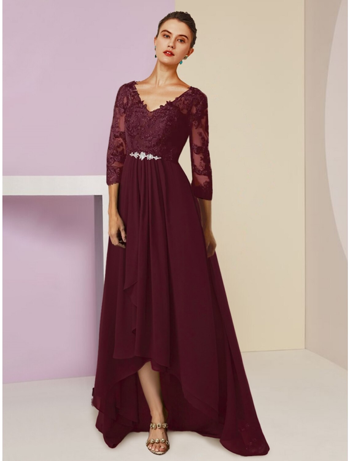A-Line V-Neck Chiffon Three-Quarter Sleeve Asymmetric Wedding Dress - Chloe Dress