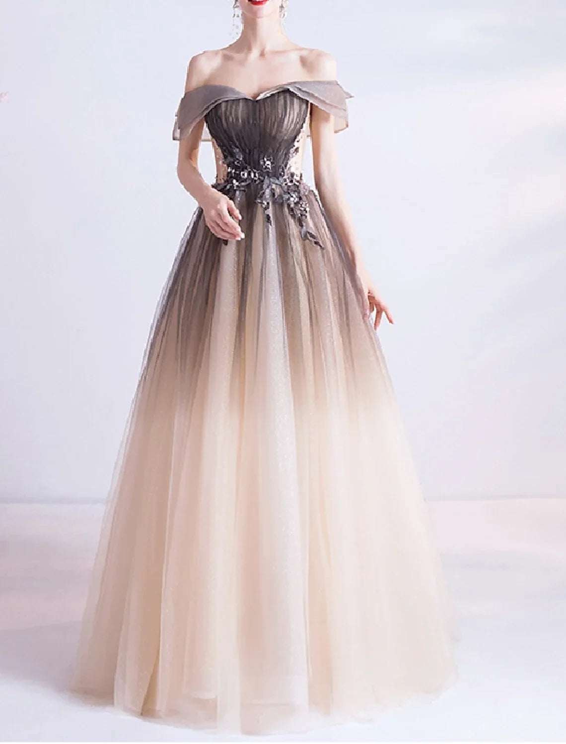 Ball Gown Off-Shoulder Tulle Sleeveless Applique Floor-Length Prom Gown - Chloe Dress