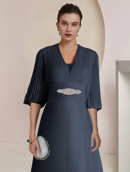 A-Line V-Neck Chiffon Three-Quarter Sleeve Pleated Tea-Length Wedding Dress - Chloe Dress