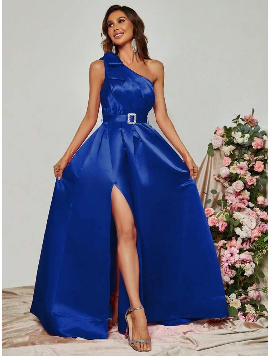 Black A-Line One-Shoulder Satin Sleeveless High Slit Floor-Length Evening Gown - Chloe Dress