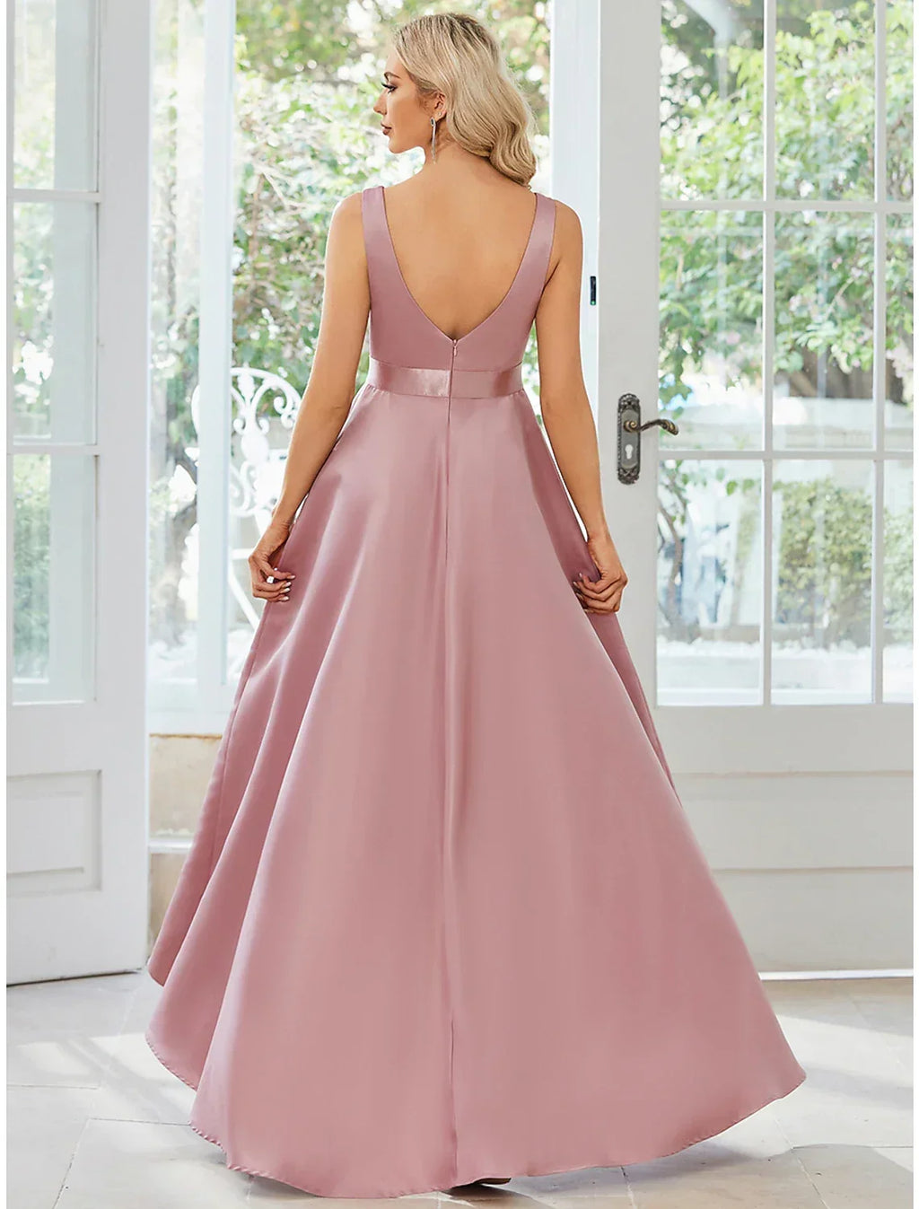 A-Line V-Neck Satin Sleeveless Ruffled Wedding Dress - Chloe Dress