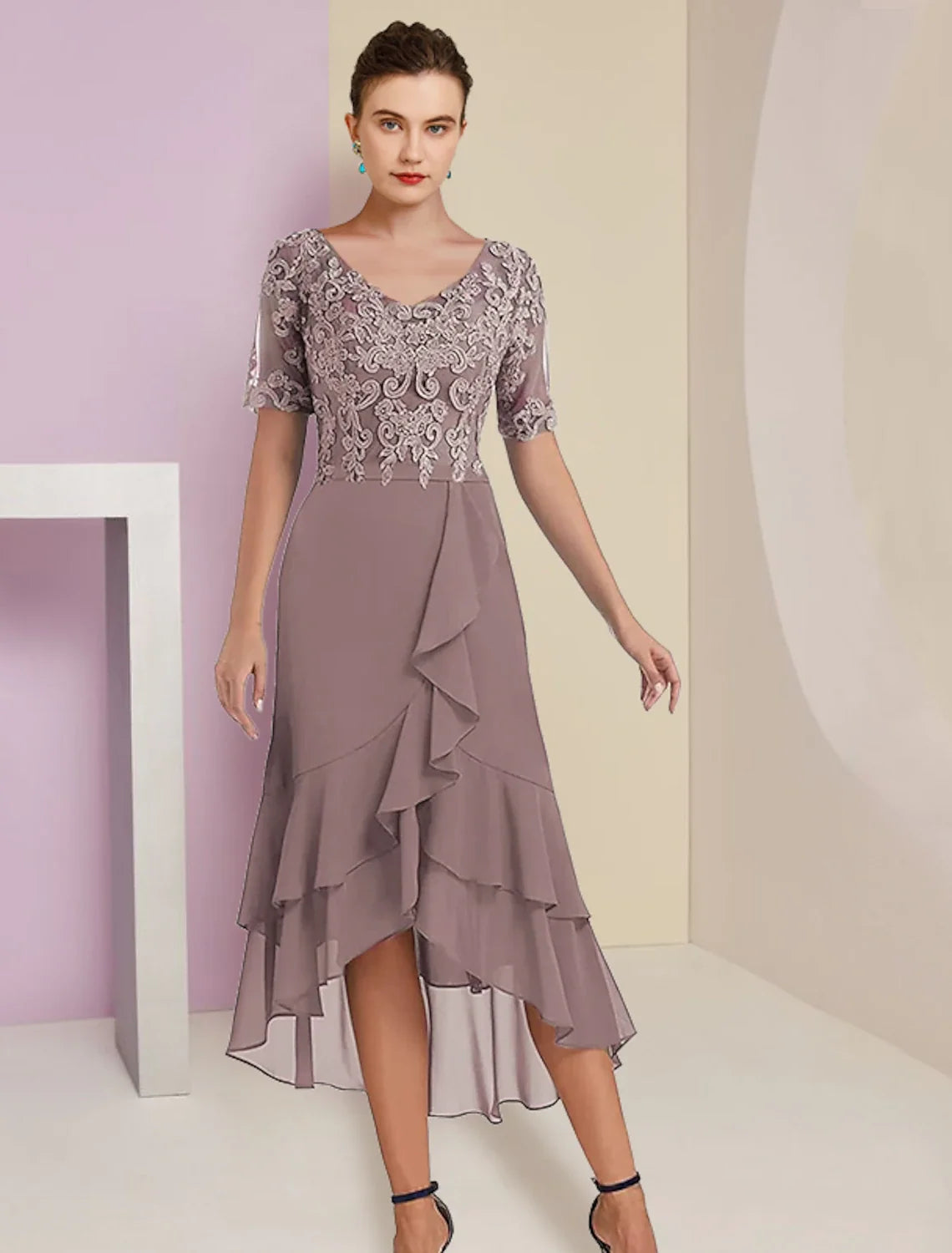 A-Line V-Neck Chiffon Short Sleeve Wrap Mini Wedding Dress - Chloe Dress