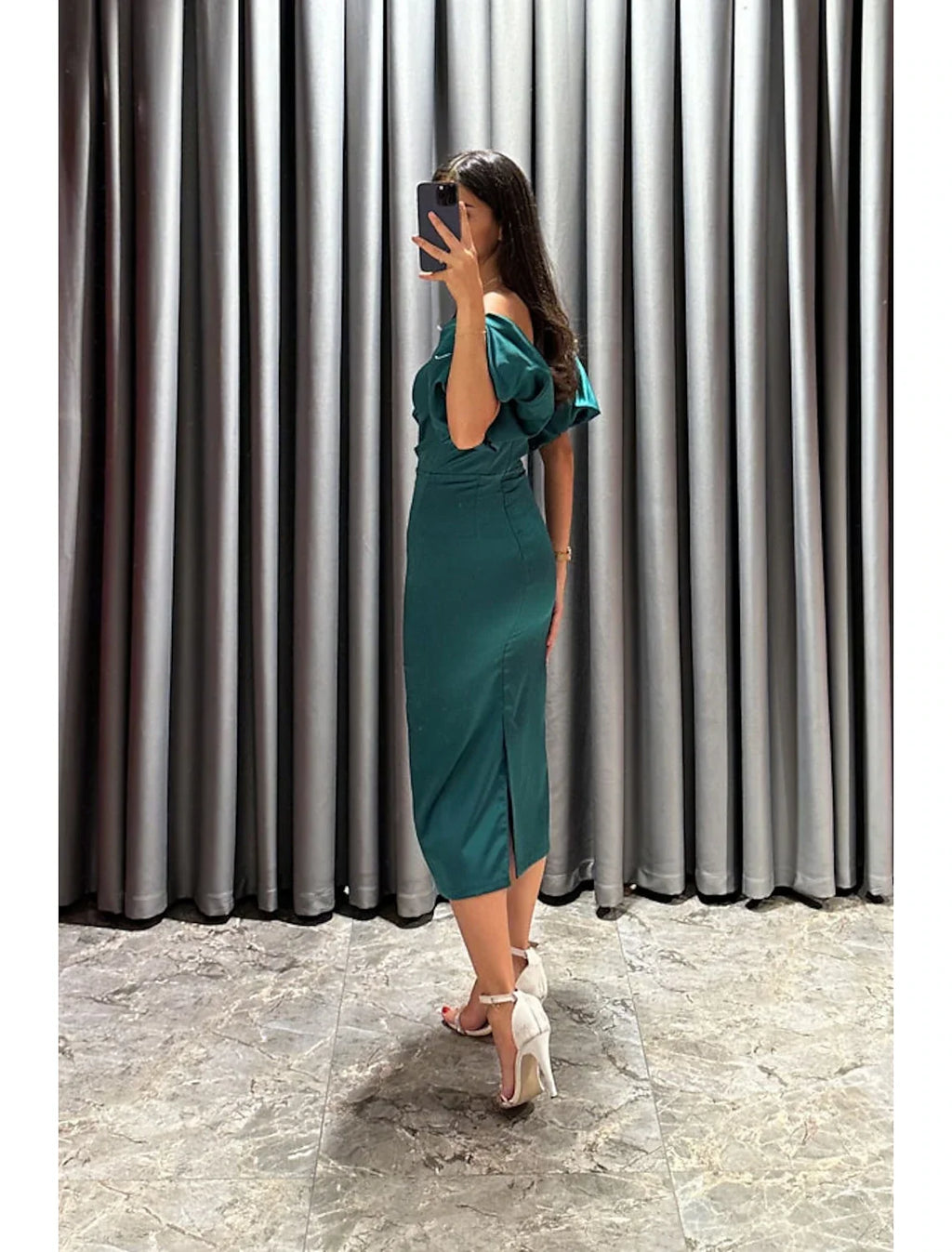 Sheath Off-Shoulder Satin Short Sleeve High Slit Mini Cocktail Dress - Chloe Dress