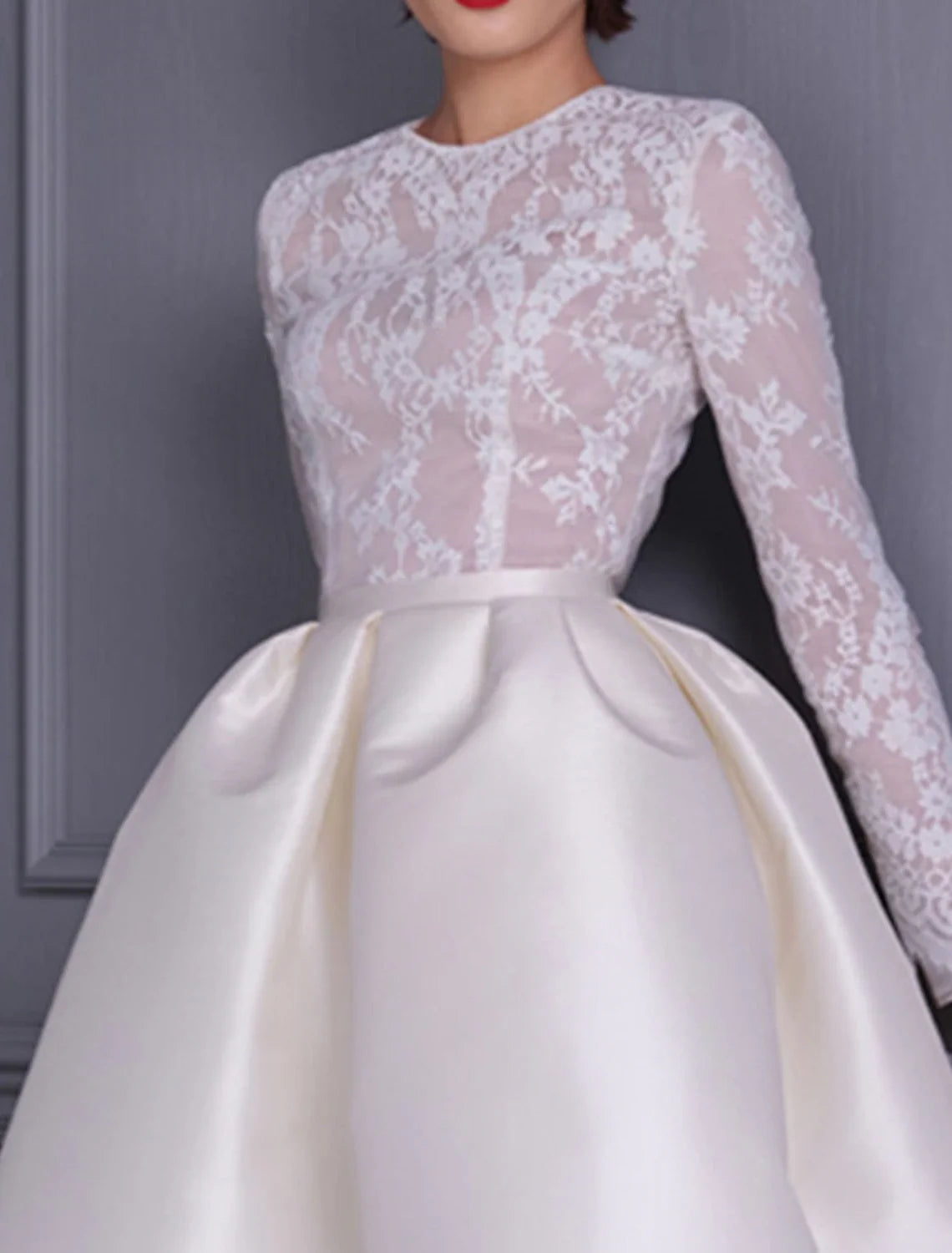 A-Line Satin Long Sleeve Applique Knee-Length Wedding Dress - Chloe Dress