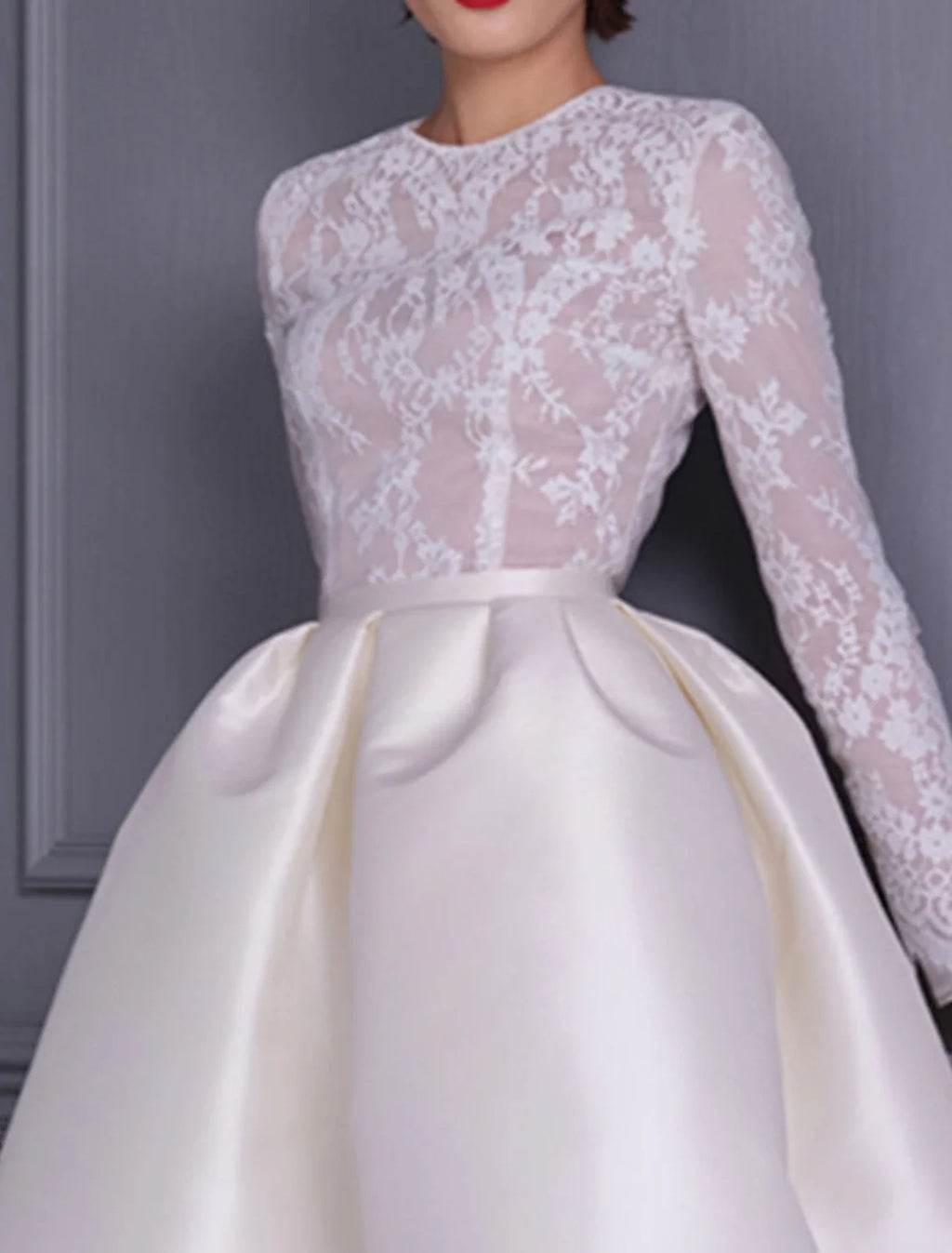 A-Line Satin Long Sleeve Applique Knee-Length Wedding Dress - Chloe Dress