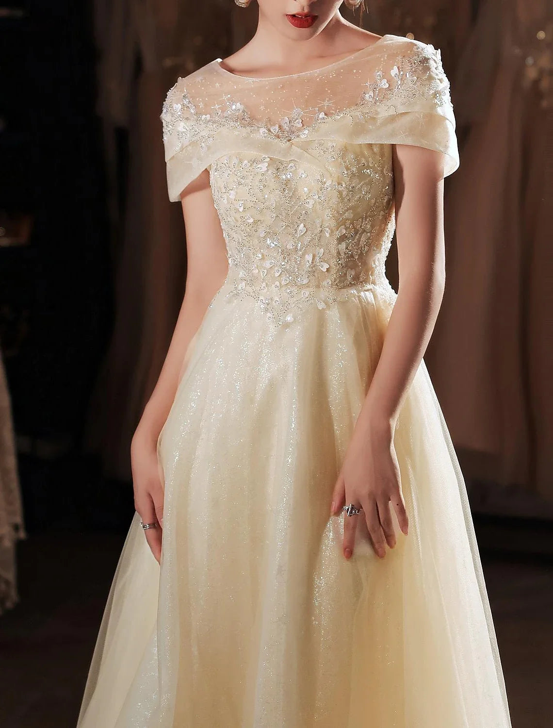 A-Line Lace Short Sleeve Applique Floor-Length Evening Dress - Chloe Dress