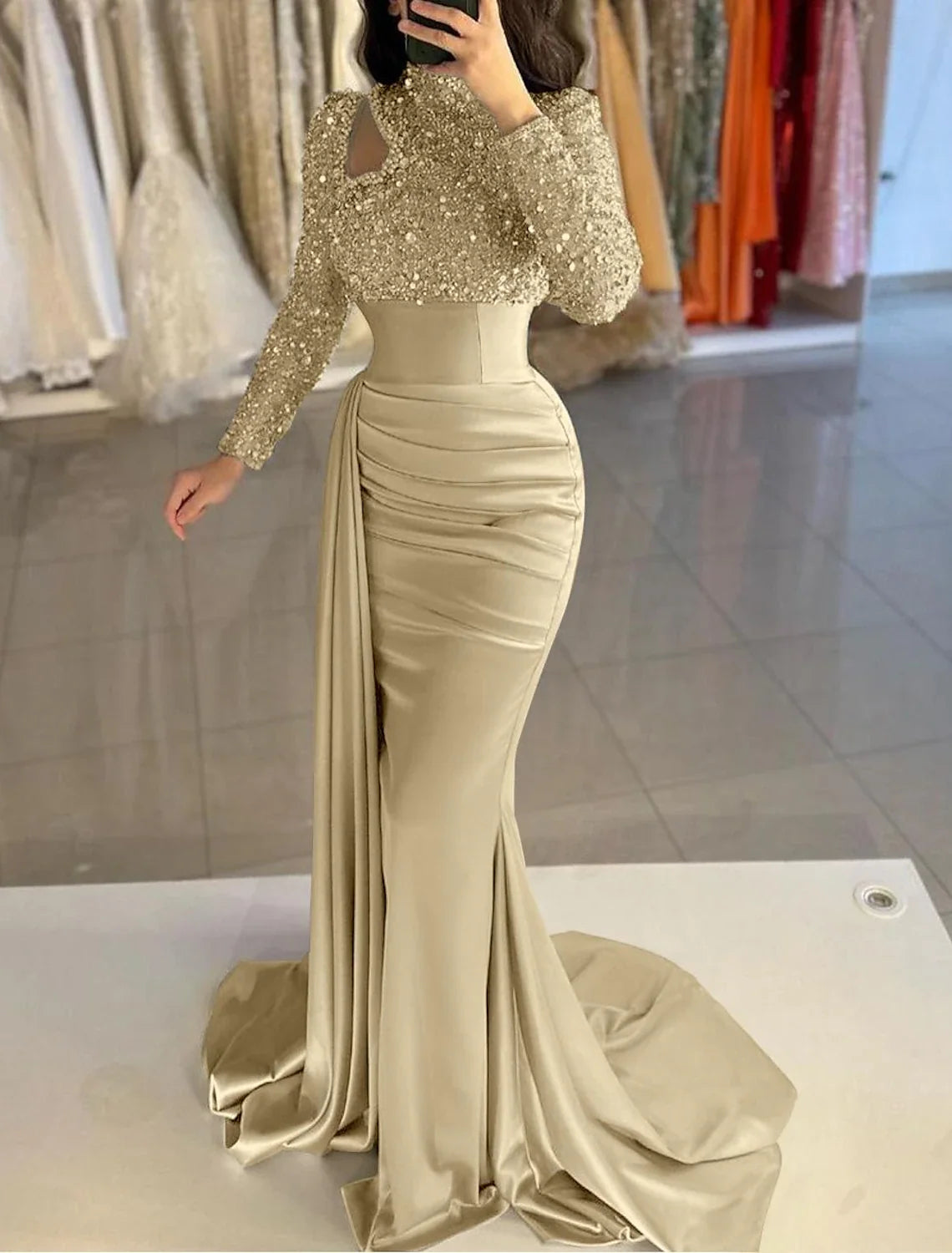 Mermaid High Neck Satin Long Sleeve Train Evening Gown - Chloe Dress