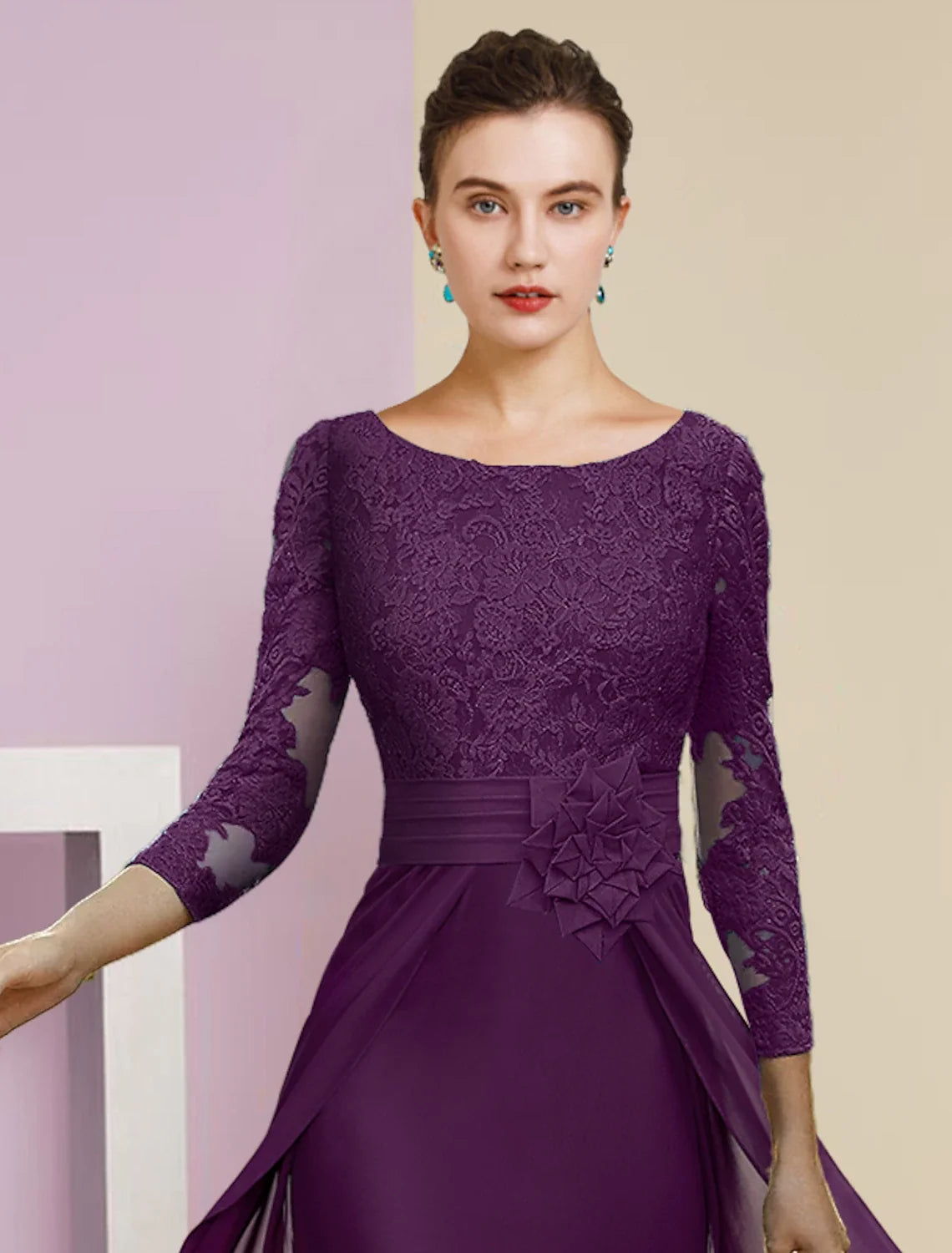 Sheath Chiffon Three-Quarter Sleeve Applique Floor-Length Formal Dress - Chloe Dress