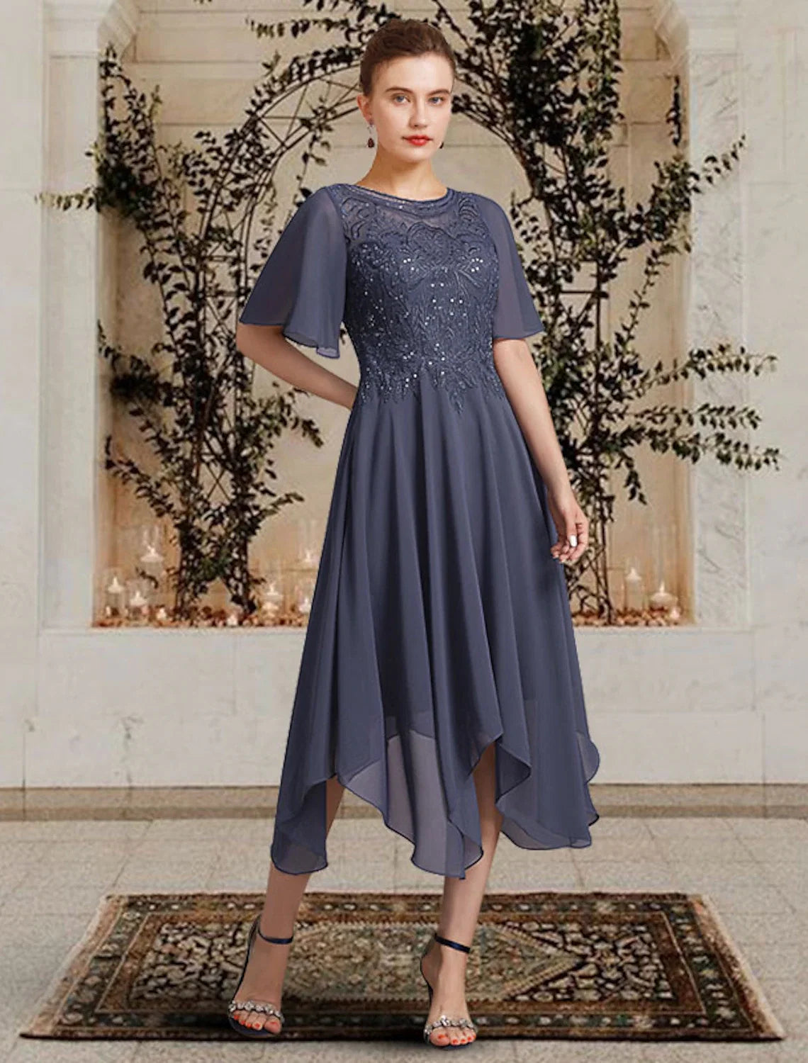 A-Line High Neck Chiffon Short Sleeve Asymmetric Mini Dress - Chloe Dress
