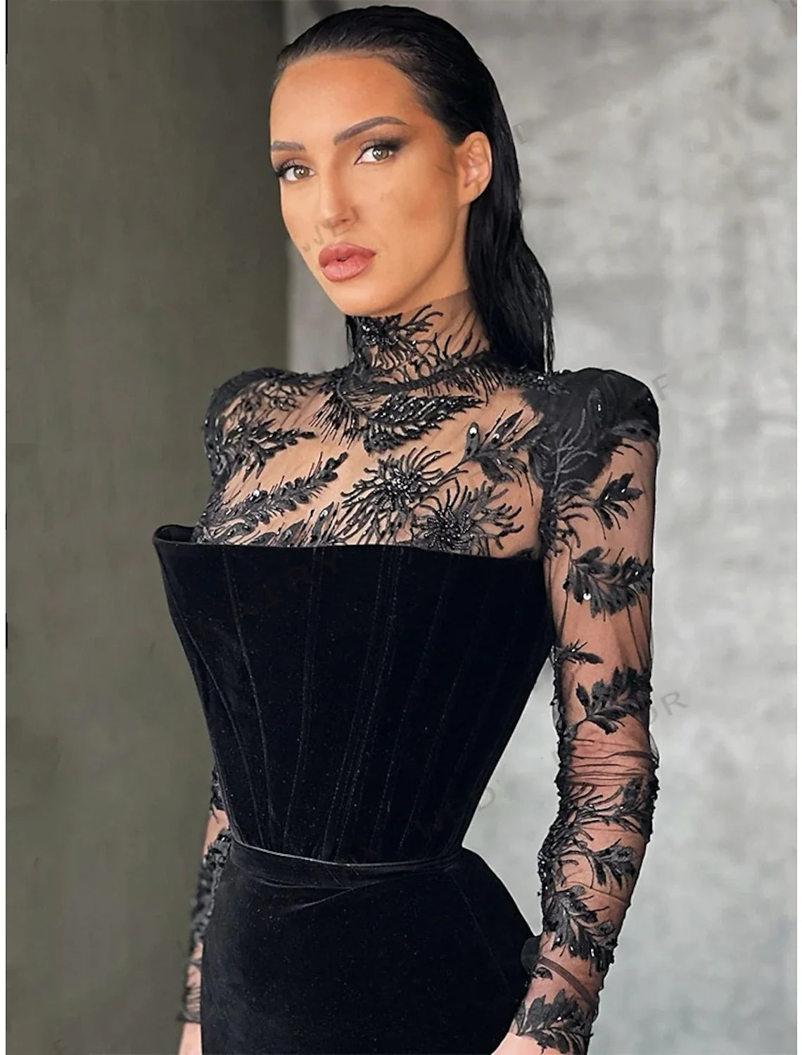 Sheath High Neck Lace Long Sleeve High Slit Floor-Length Evening Gown - Chloe Dress