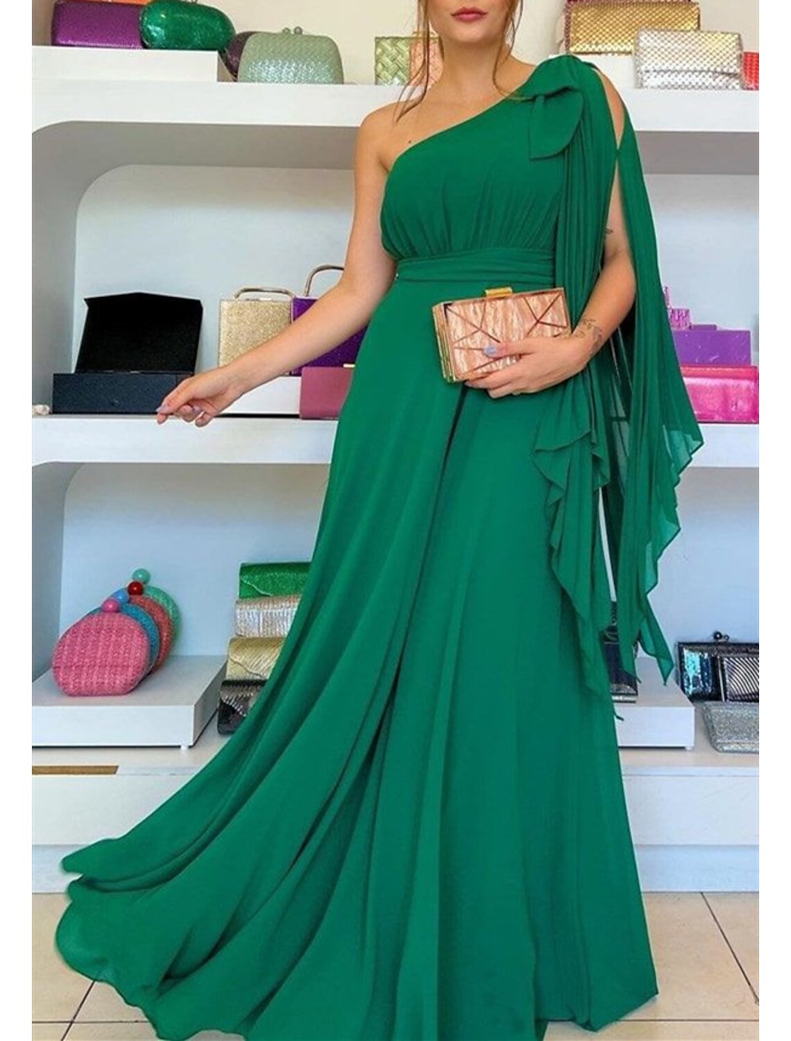 Green A-Line One-Shoulder Chiffon Sleeveless Ruffled Evening Gown - Chloe Dress
