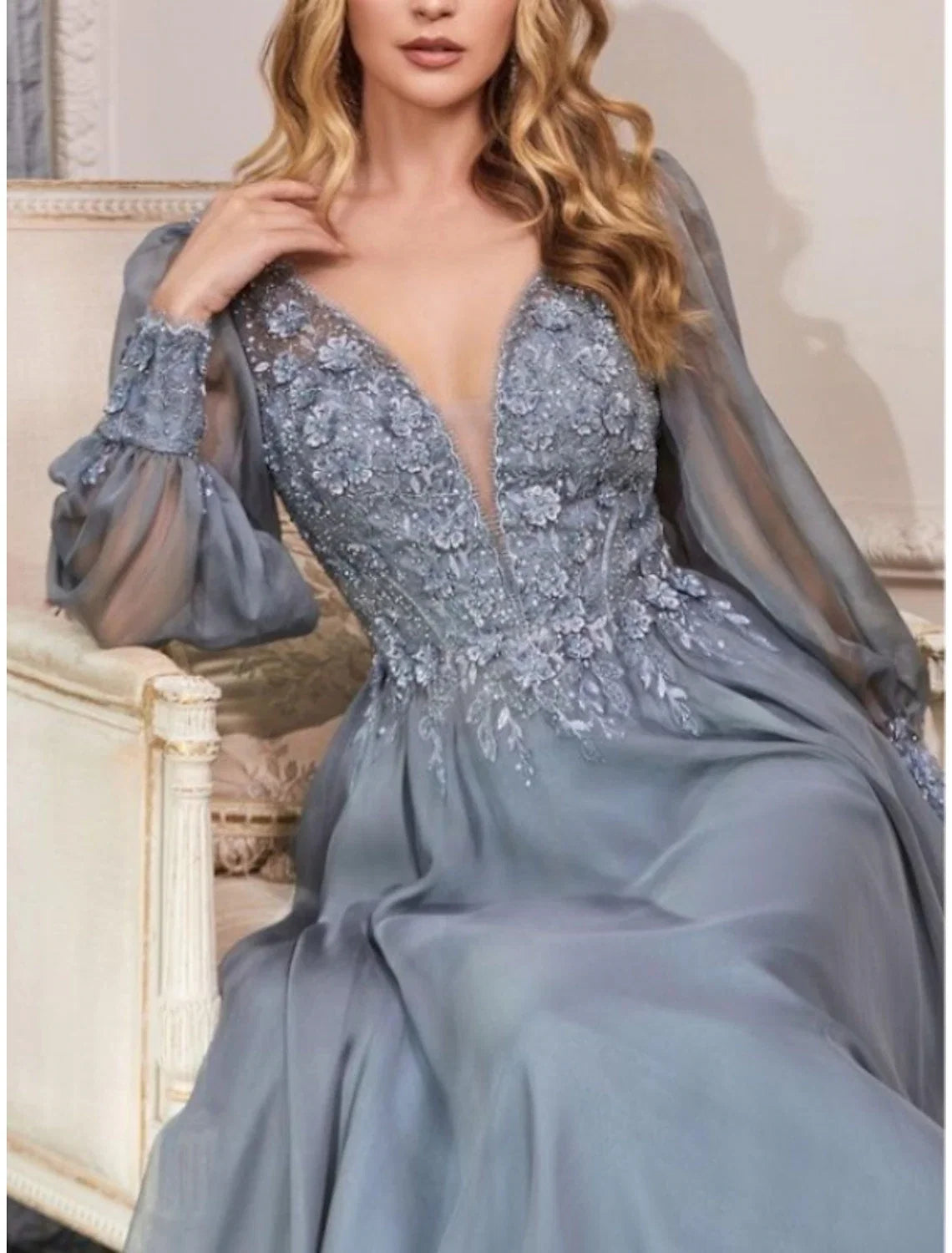 Sheath V-Neck Chiffon Long Sleeve Pleated Floor-Length Wedding Dress - Chloe Dress