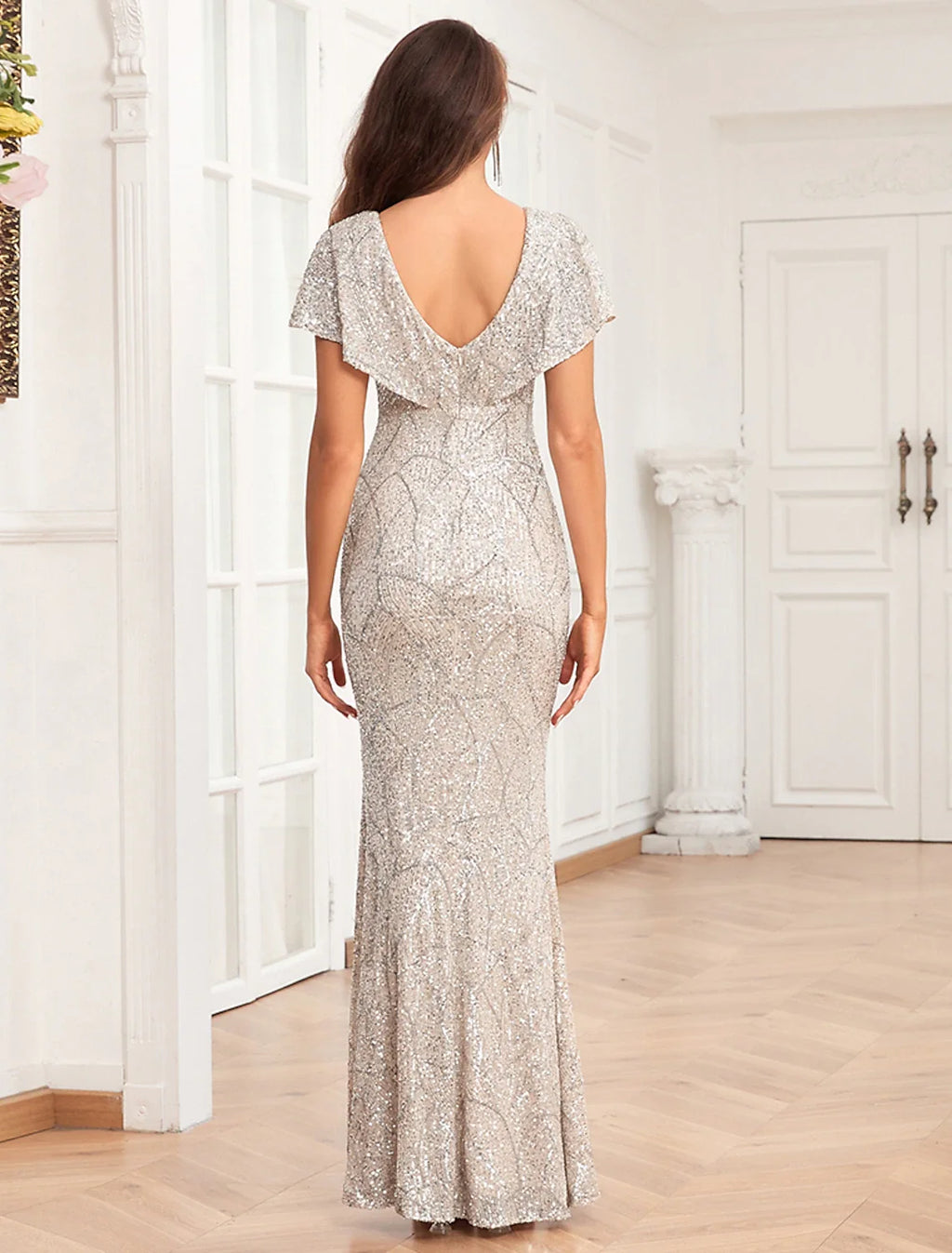Mermaid V-Neck Sequin Short Sleeve Floor-Length Evening Gown - Chloe Dress