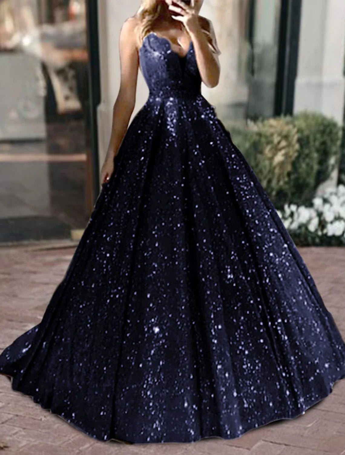 Black Ball Gown V-Neck Tulle Sleeveless Train Prom Gown - Chloe Dress