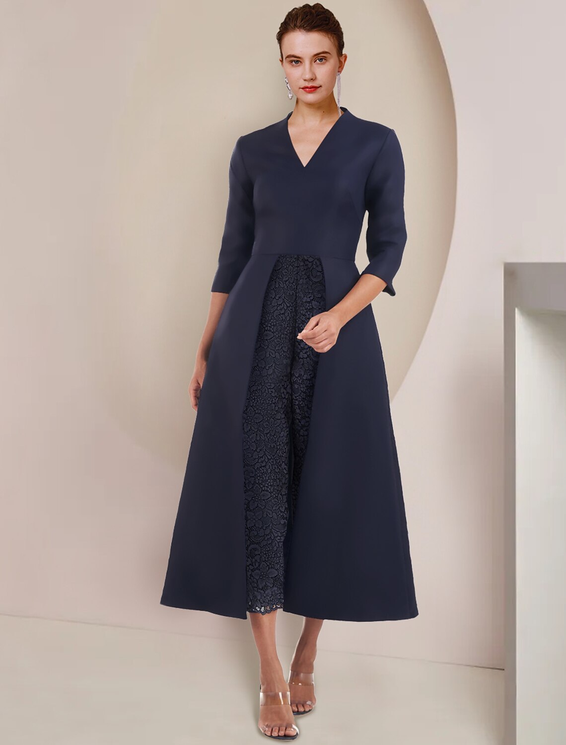 V-Neck Three-Quarter Sleeve Tea-Length Wedding Dress - Chloe Dress
