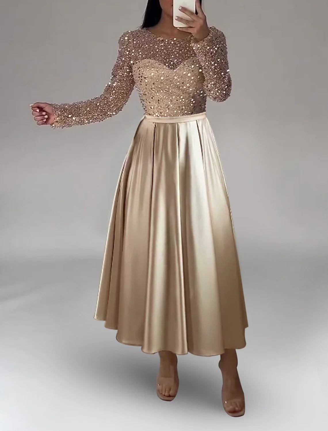 A-Line Satin Long Sleeve Ankle-Length Evening Gown - Chloe Dress