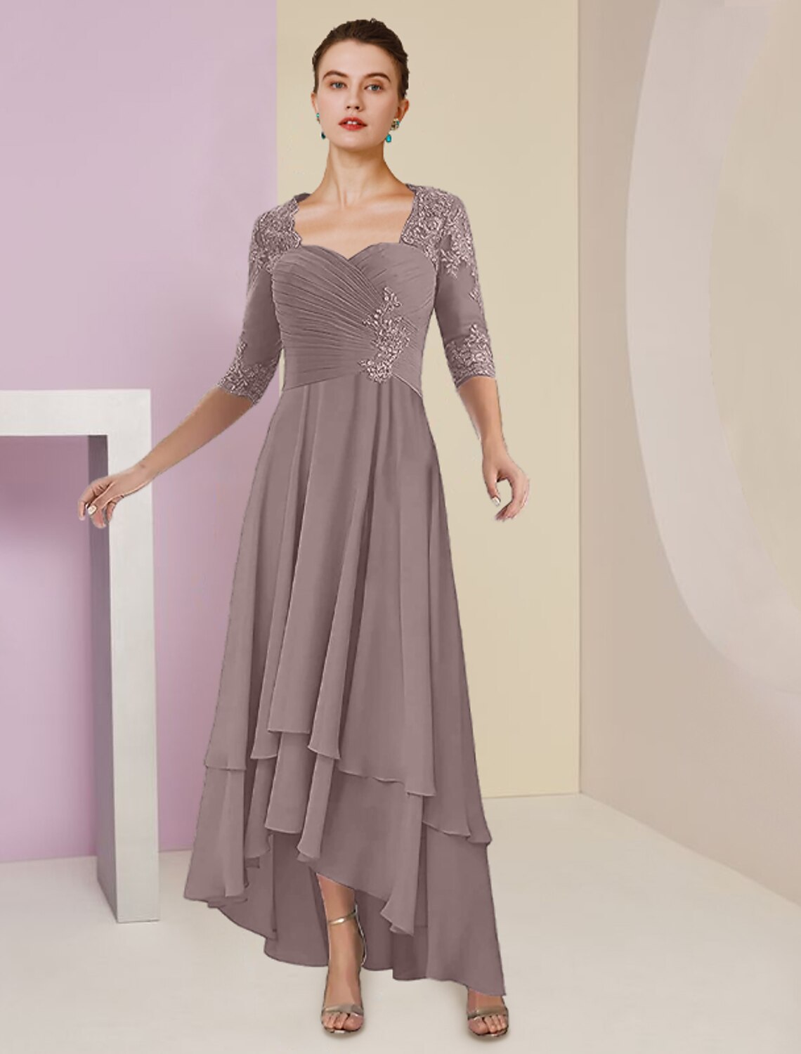 A-Line Square Neck Chiffon Three-Quarter Sleeve Wrap Tea-Length Wedding Dress - Chloe Dress