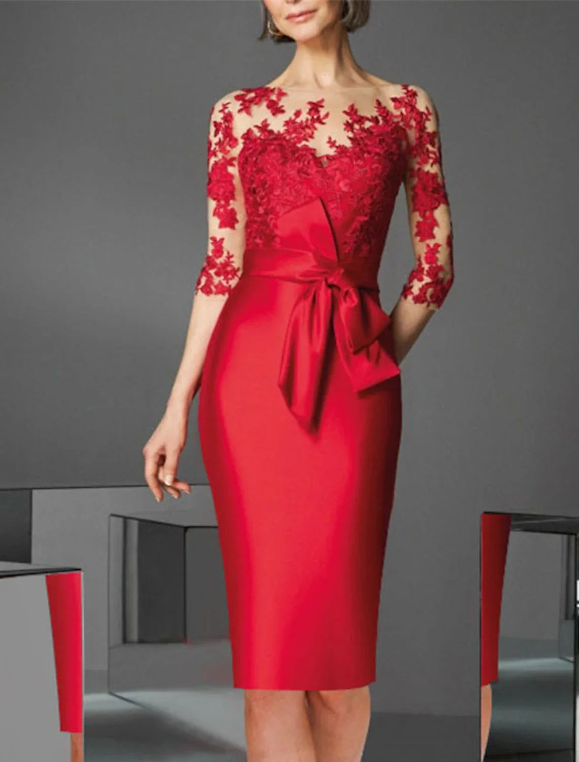Green Sheath Off-Shoulder Satin Three-Quarter Sleeve Pleated Knee-Length Wedding Dress - Chloe Dress