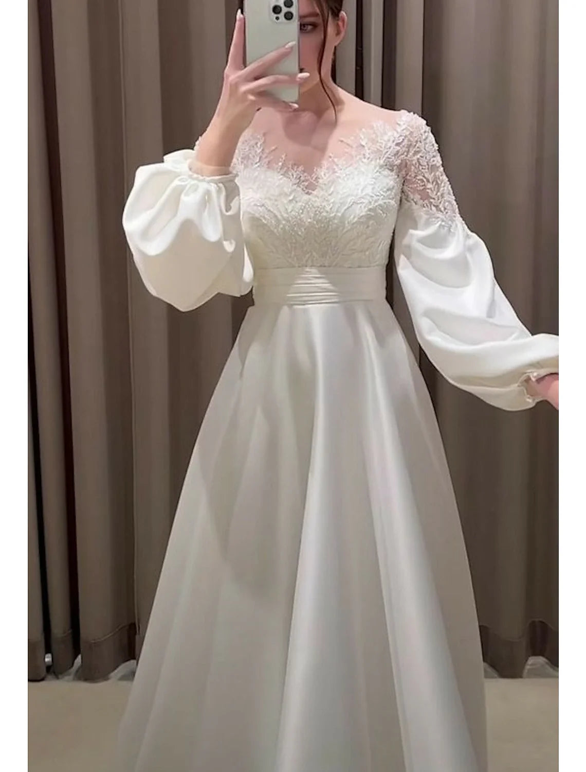 A-Line V-Neck Satin Long Sleeve Train Wedding Gown - Chloe Dress
