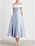 A-Line Off-Shoulder Satin Short Sleeve Pleated Mini Evening Gown - Chloe Dress