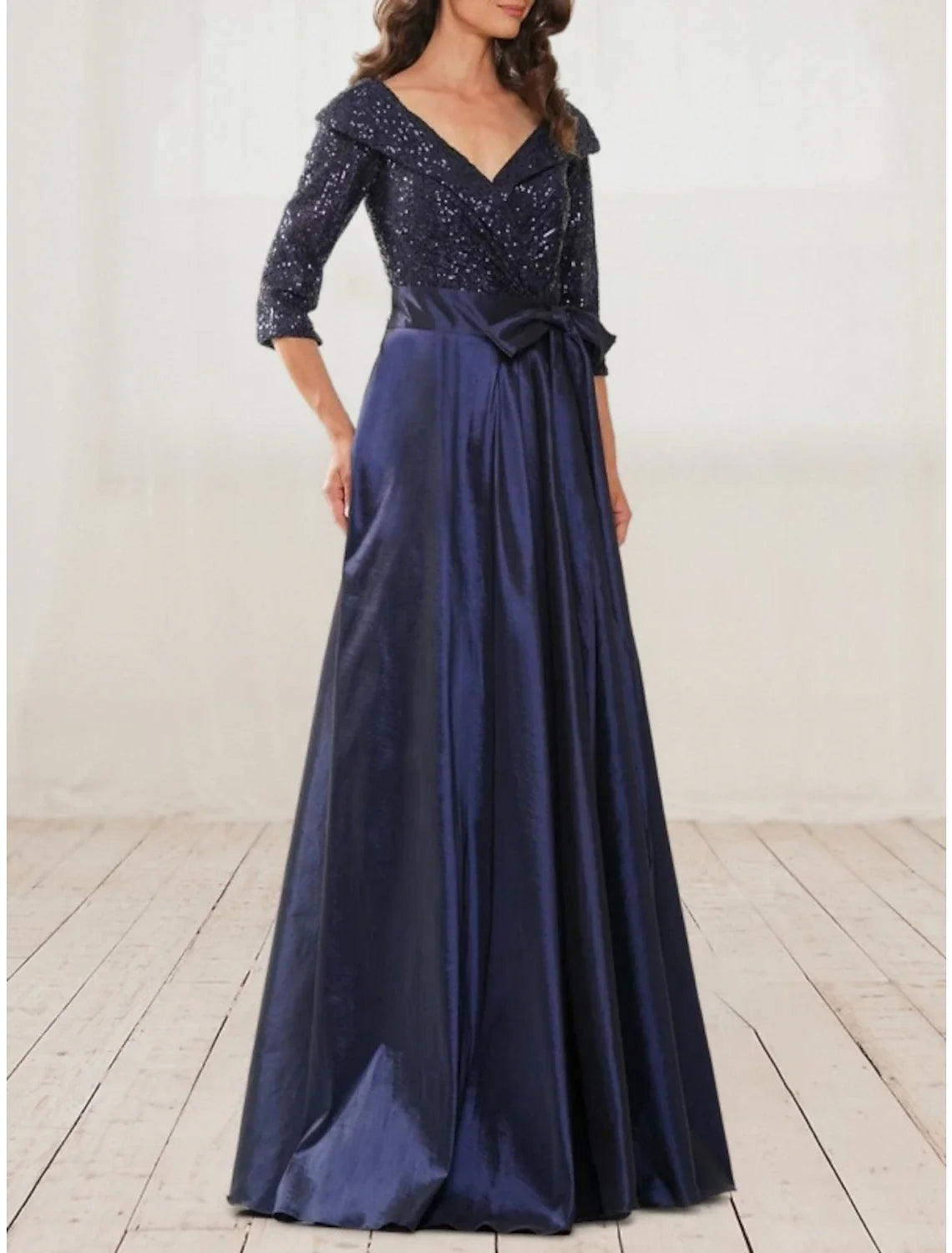 Black A-Line V-Neck Satin Pleated Floor-Length Evening Gown - Chloe Dress