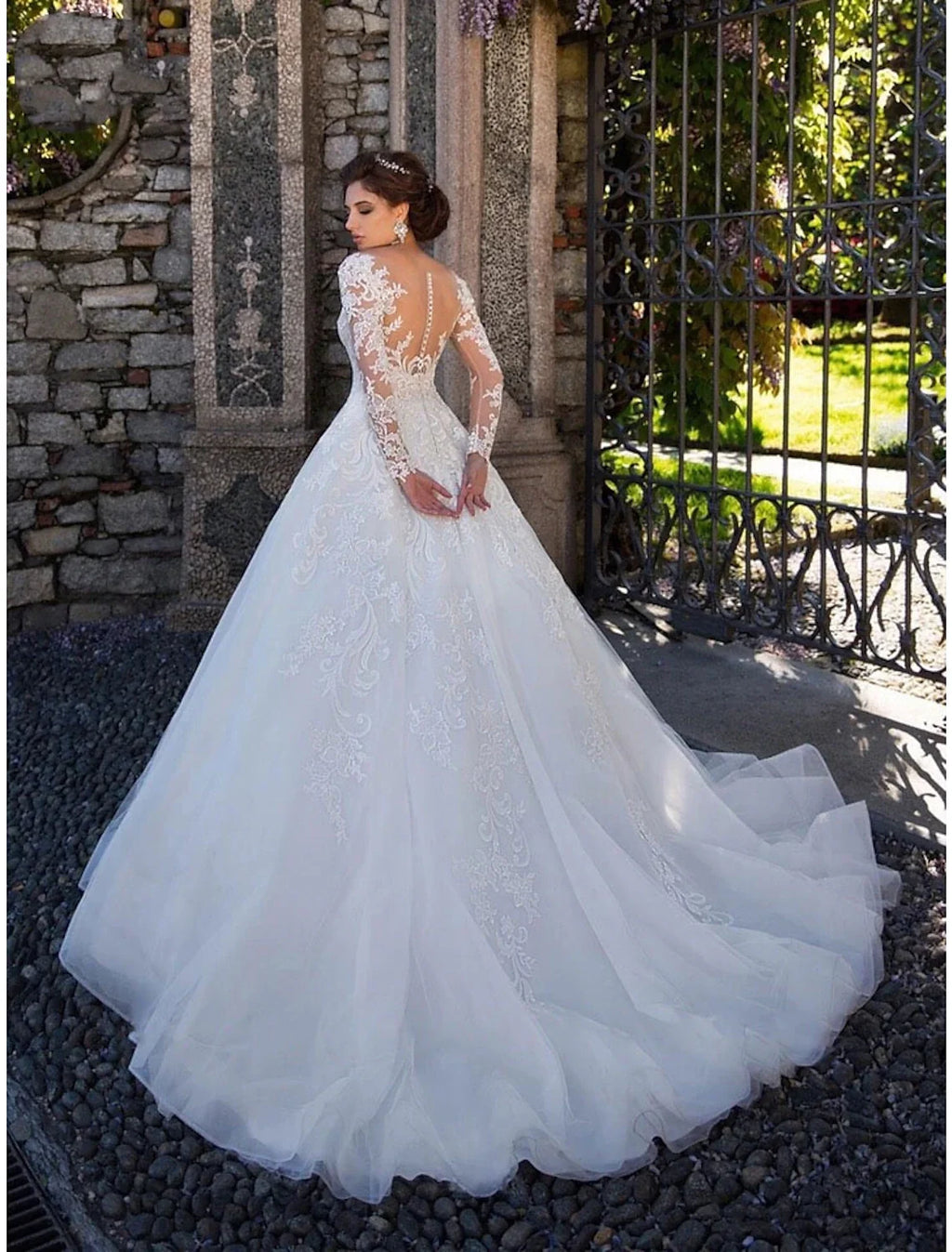 Ball Gown Illusion Lace Long Sleeve Train Wedding Gown - Chloe Dress