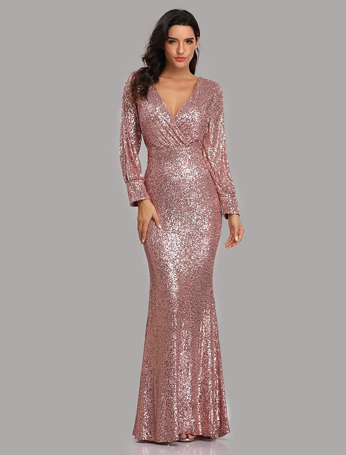 Mermaid V-Neck Sequin Long Sleeve Floor-Length Evening Gown - Chloe Dress