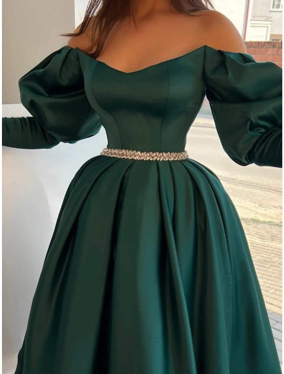 Green A-Line Off-Shoulder Satin Long Sleeve Pleated Tea-Length Evening Gown - Chloe Dress