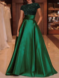Green A-Line High Neck Satin Short Sleeve Floor-Length Evening Gown - Chloe Dress