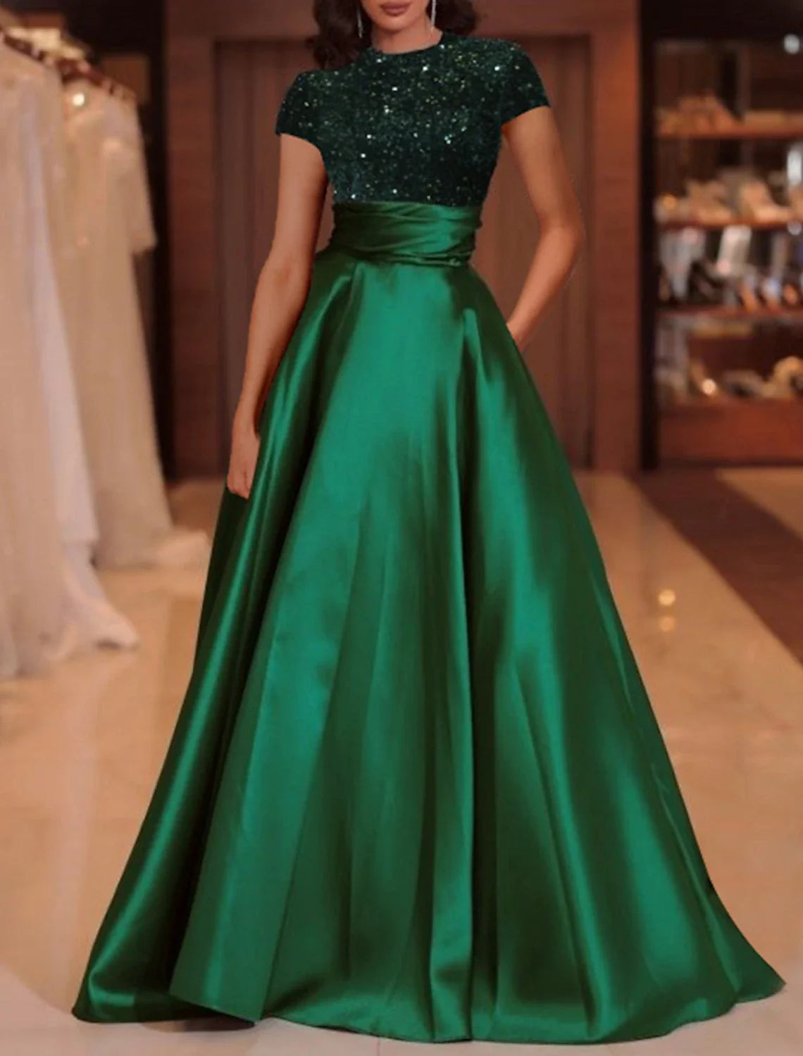 Green A-Line High Neck Satin Short Sleeve Floor-Length Evening Gown - Chloe Dress
