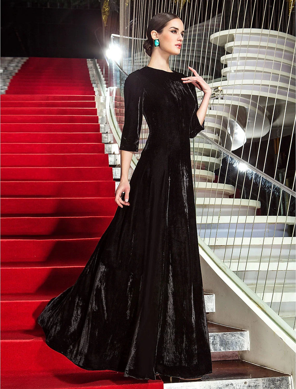 Black A-Line Three-Quarter Sleeve Pleated Floor-Length Evening Dress - Chloe Dress