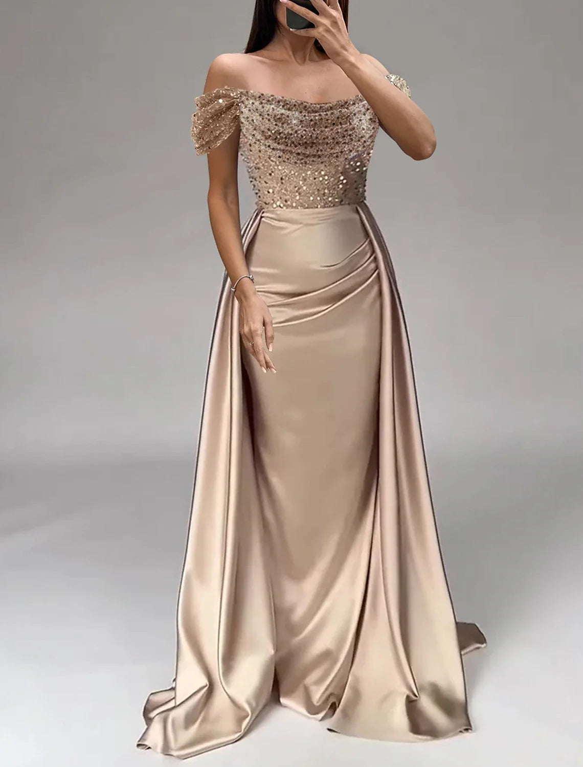 Mermaid Off-Shoulder Satin Short Sleeve Floor-Length Evening Gown - Chloe Dress