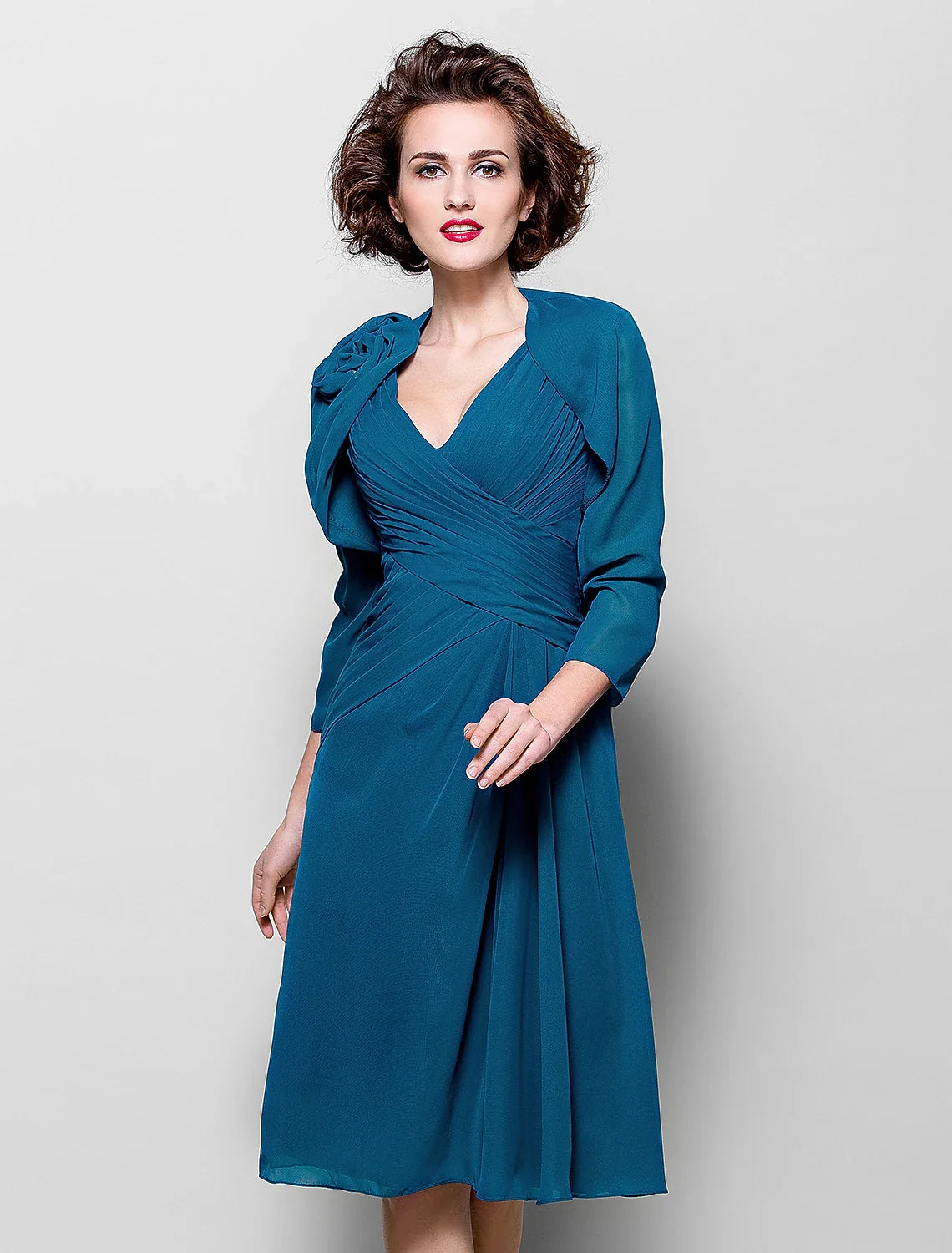 A-Line V-Neck Chiffon Three-Quarter Sleeve Wrap Knee-Length Dress - Chloe Dress