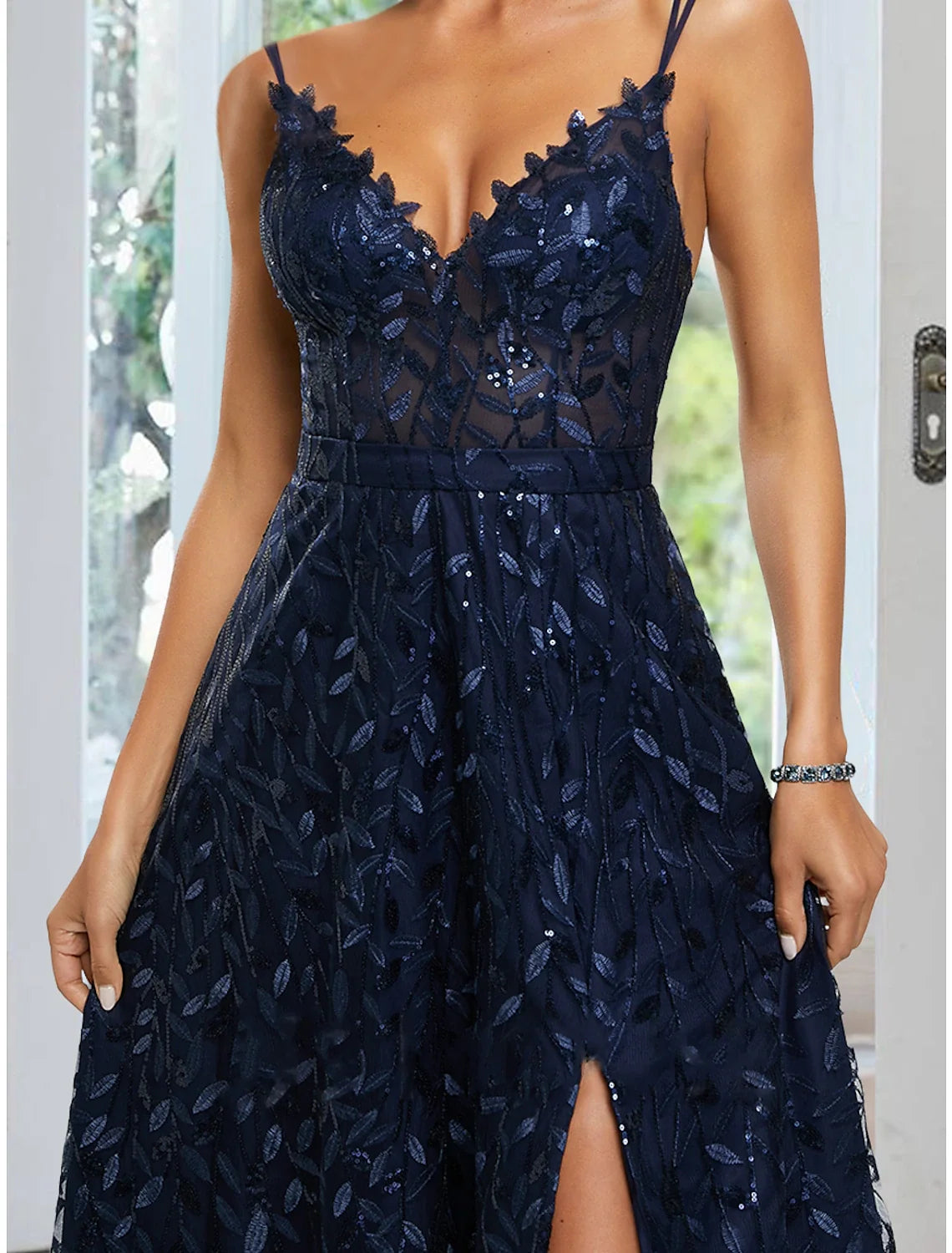 A-Line Spaghetti Strap Satin Sleeveless High Slit Floor-Length Evening Gown - Chloe Dress
