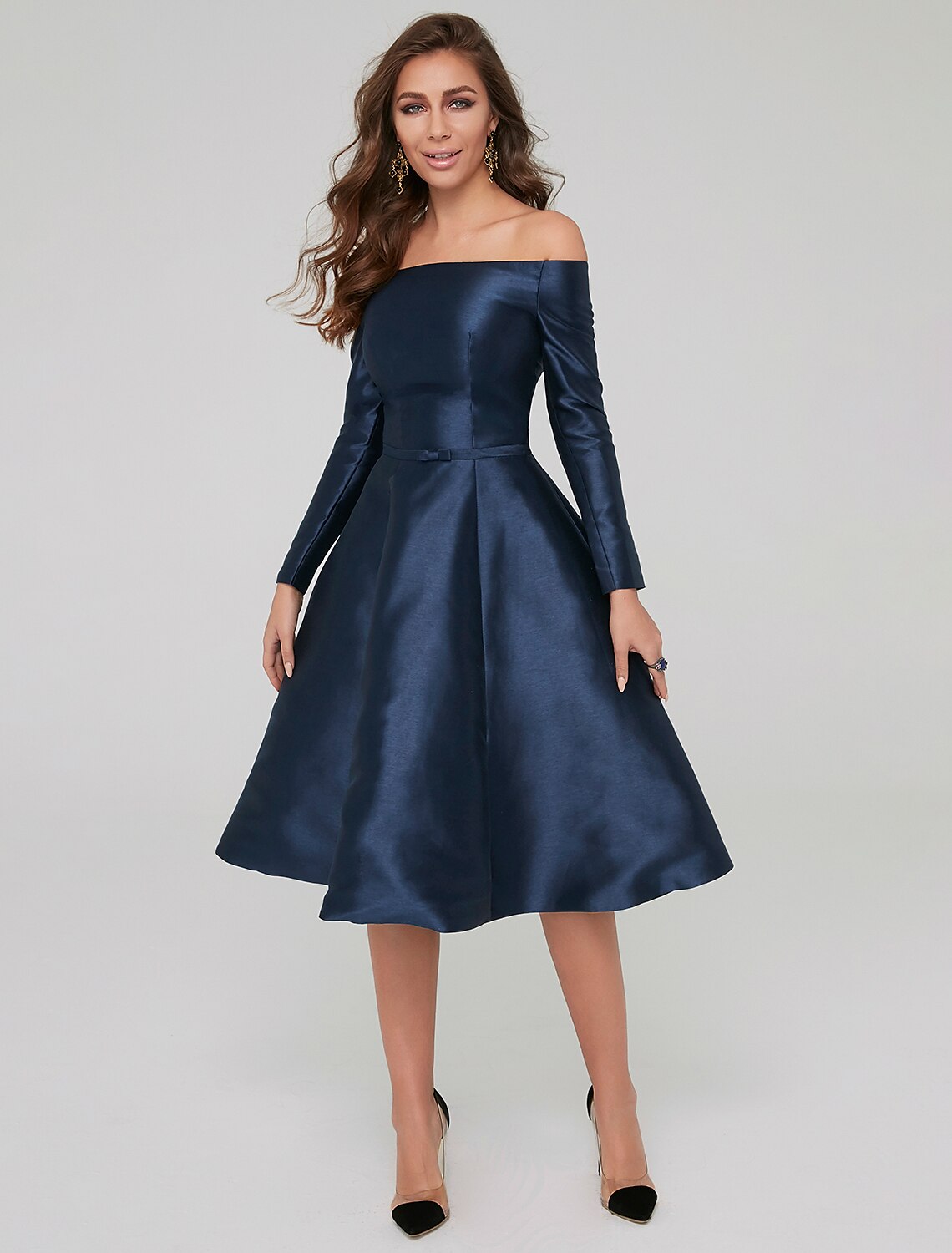 A-Line Off-Shoulder Satin Long Sleeve Pleated Knee-Length Wedding Dress - Chloe Dress