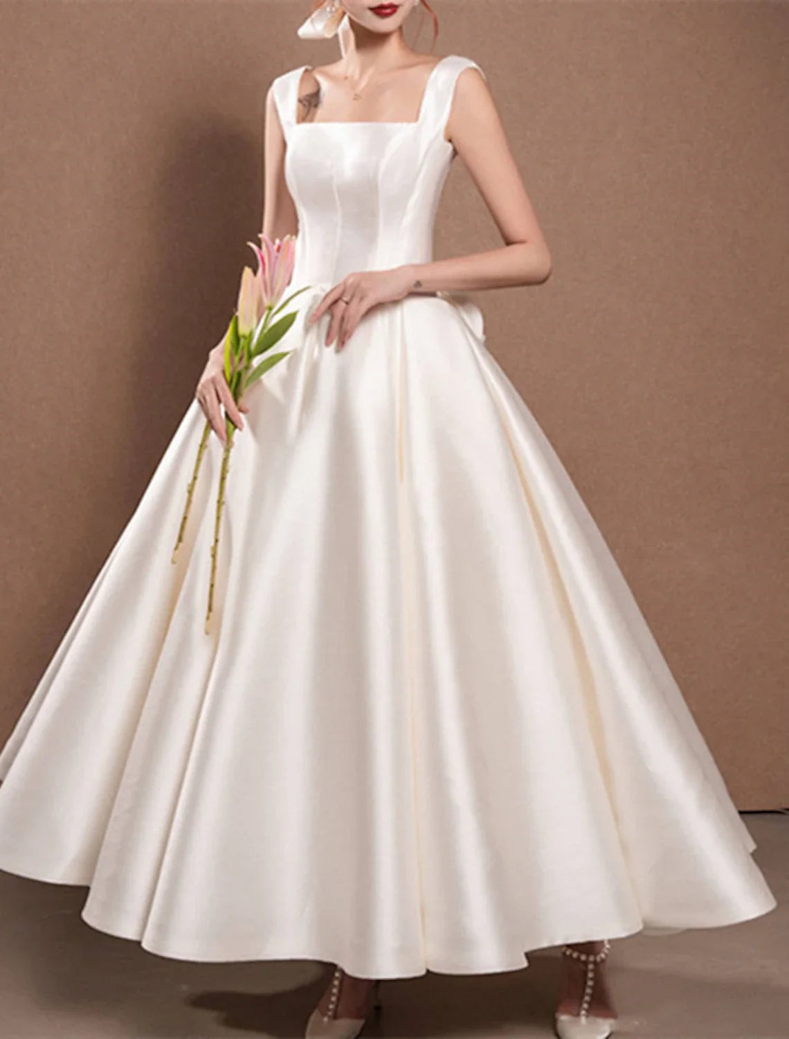 A-Line Off-Shoulder Satin Cap Sleeve Pleated Tea-Length Wedding Gown - Chloe Dress