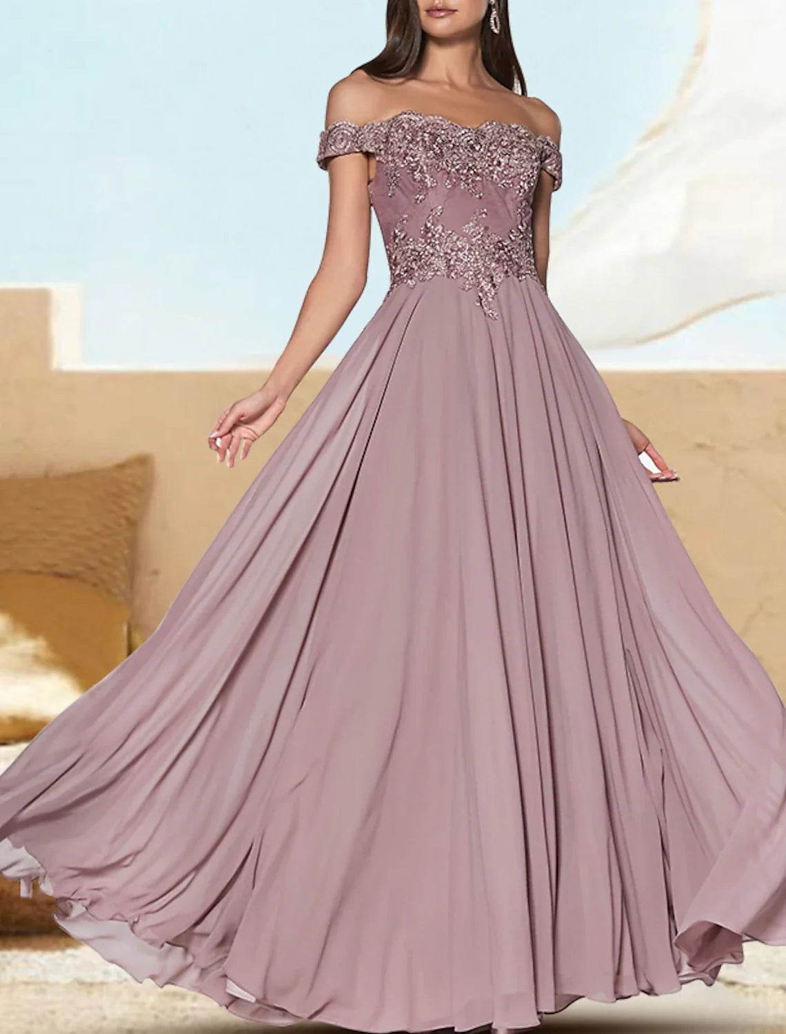 A-Line Off-Shoulder Chiffon Short Sleeve Applique Floor-Length Evening Gown - Chloe Dress